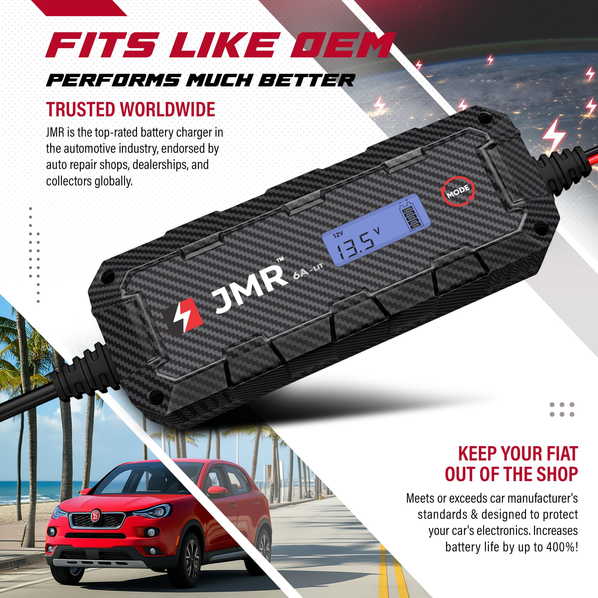 JMR Battery Charger for Fiat 500 124 Spider 600 Argo Tipo Egea Panda Cronos Fastback Pulse Doblo Ulysse Toro All Models Trickle Charger Conditioner Maintainer (Add Lithium Mode)