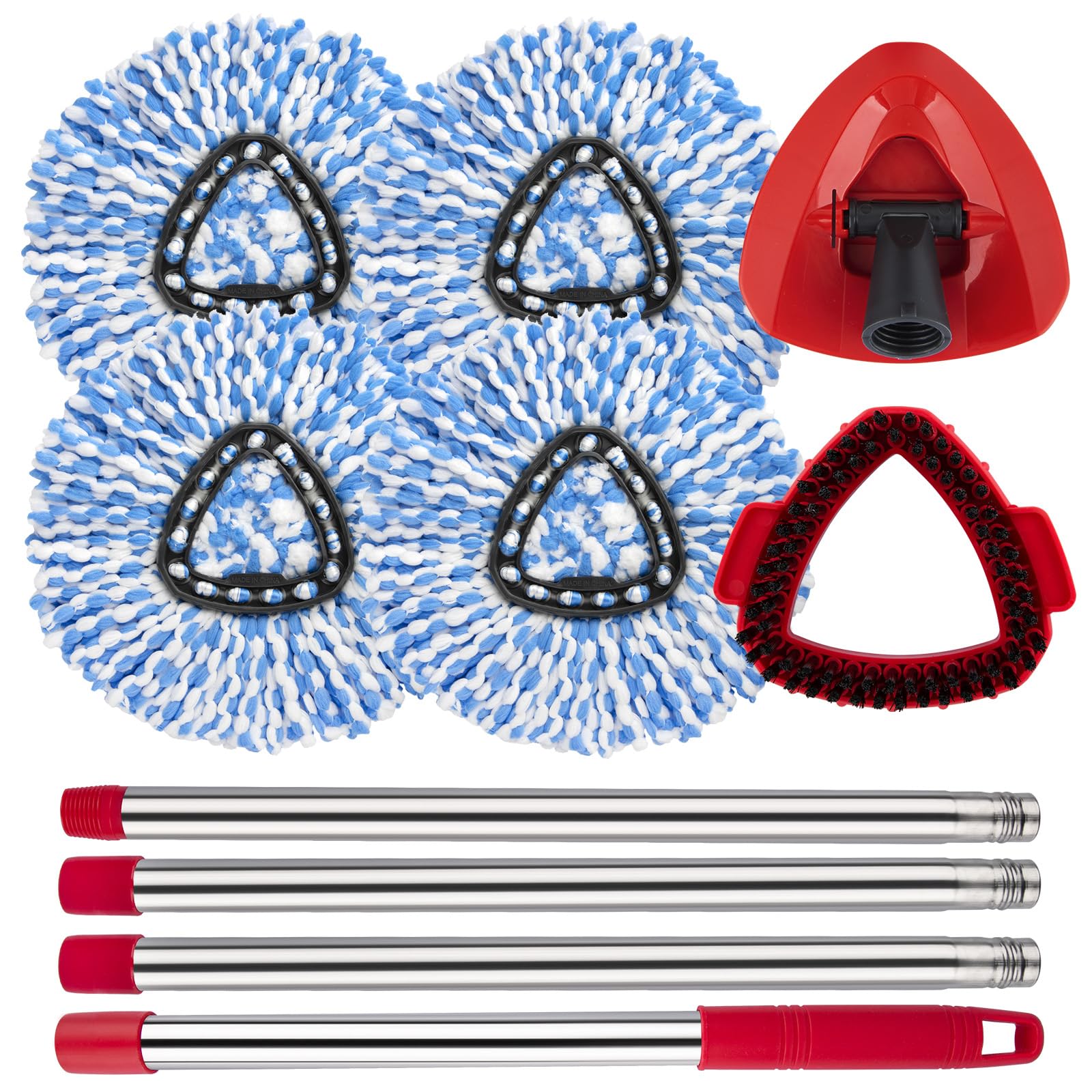 Spin Mop Head Replacement Base Handle Compatible with O Cedar Rinse Clean 2-Tank System, 4 Replace Heads, 1 Mop Handle, 1 Base and 1 Scrub Brush Combo Set