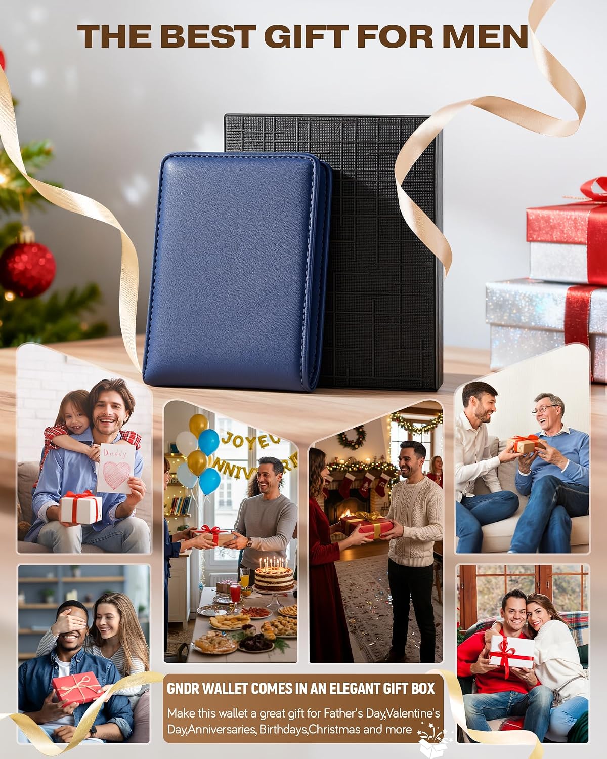 GNDR Wallet For Men Bifold Blue RFID Blocking Slim Faux Leather Wallets Card Holder Front Pocket Minimalist Men Accessories With Gift Box thumbnail
