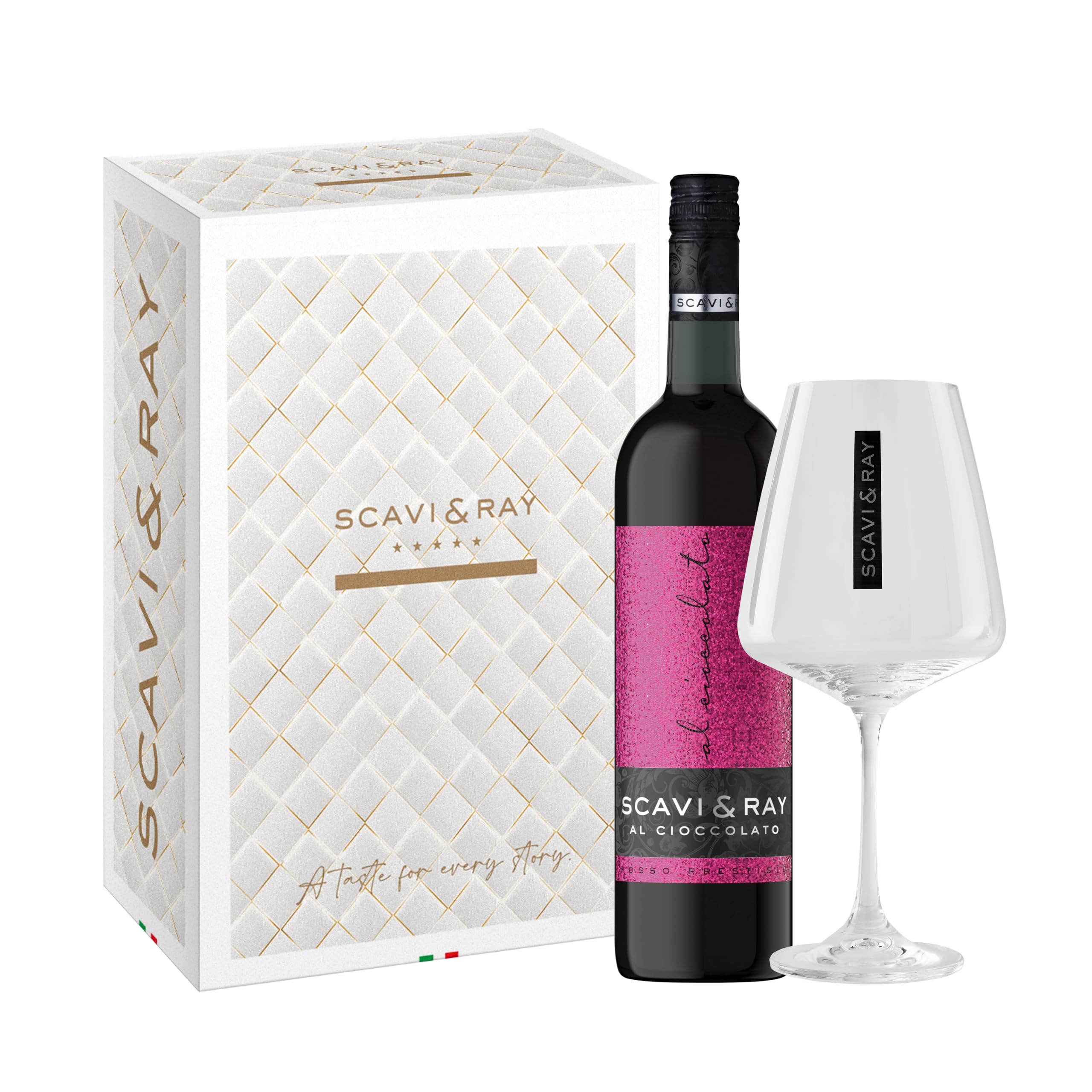 SCAVI & RAY Geschenkset – Al Cioccolato Rotwein mit Designglas, 0,75L, 10% Vol. Alkohol – Rotwein mit Schokoladenaroma, Edles Präsent für stilvolle Anlässe