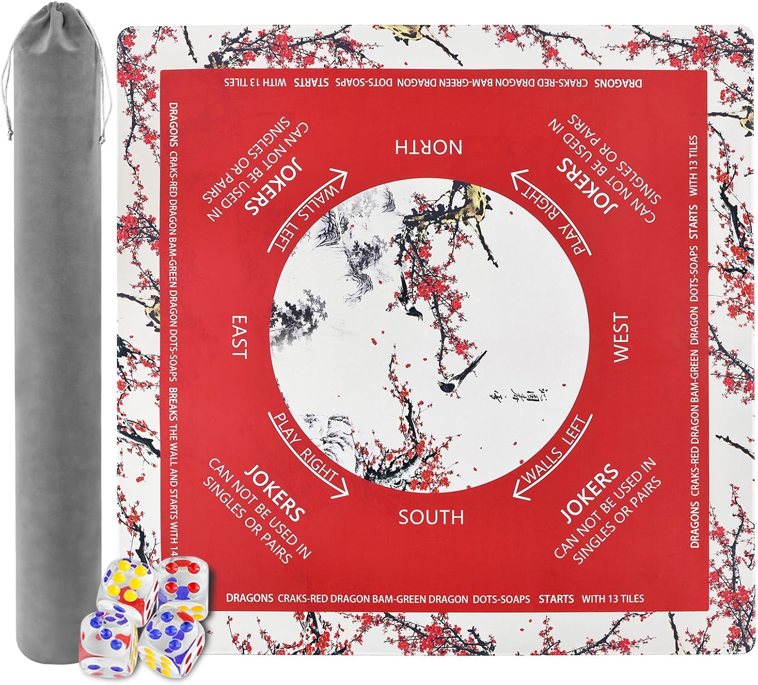 Red Mahjong Mat Plum Blossom American Mahjong Table Cloth with Rules Mats, Dice, Noise Reduction Anti-Slip Game Mat 33 inch for Mahjong, Poker, Board Games, Card Games, Dominoes