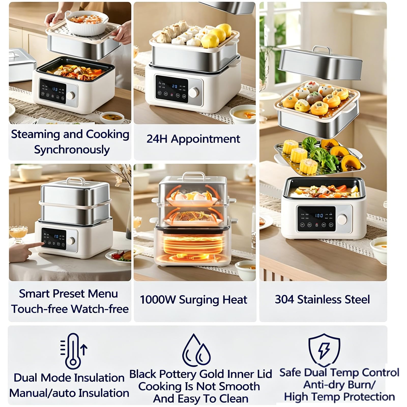 12L Elettrico Steamer Alimentare 1350W Acciaio Inossidabile, Smart Touchscreen con 8 preimpostazioni e 24H Timer, fornello Multifunzionale per pasti sani e Uso Domestico