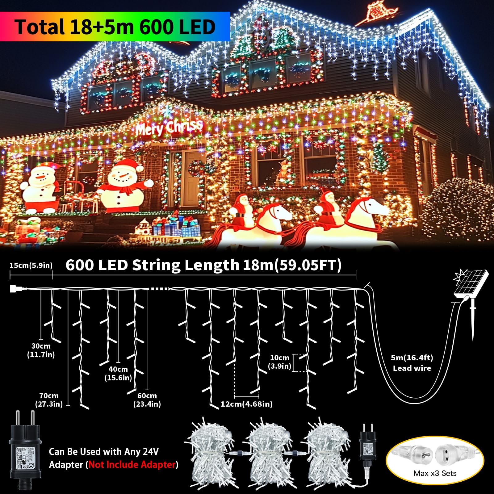 RJEDL 2500mAh Solar Luci di Natale da Esterno, 18+5M 600LED 3 In 1 Impermeabile LED Tenda Luci Natale Esterno, Con 8 Modalità & Timer e Memoria Luci di Natale da Esterno Colorate