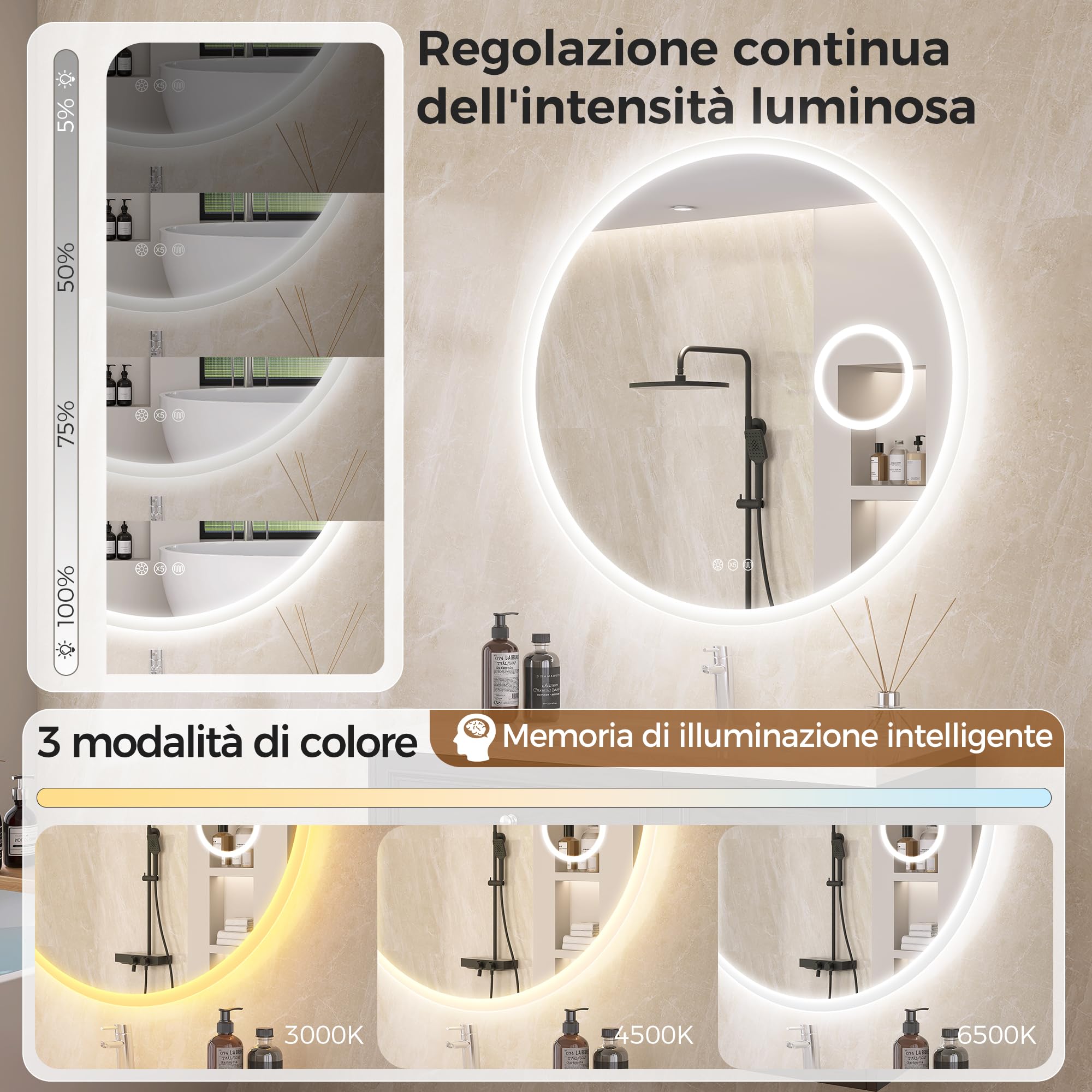 STARLEAD Specchio da bagno rotondo da 80 cm, con illuminazione, Bluetooth, lente d'ingrandimento 5x