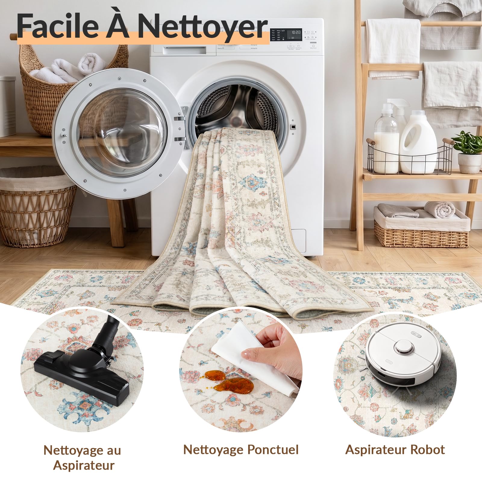 INOVADAY Tapis Lavable Antidérapant à Poils Courts Vintage Boho 140 x 200 cm pour Salon, Couloir, Chambre, Cuisine, Bureau, Salle à Manger et Entrée, Blanc crème