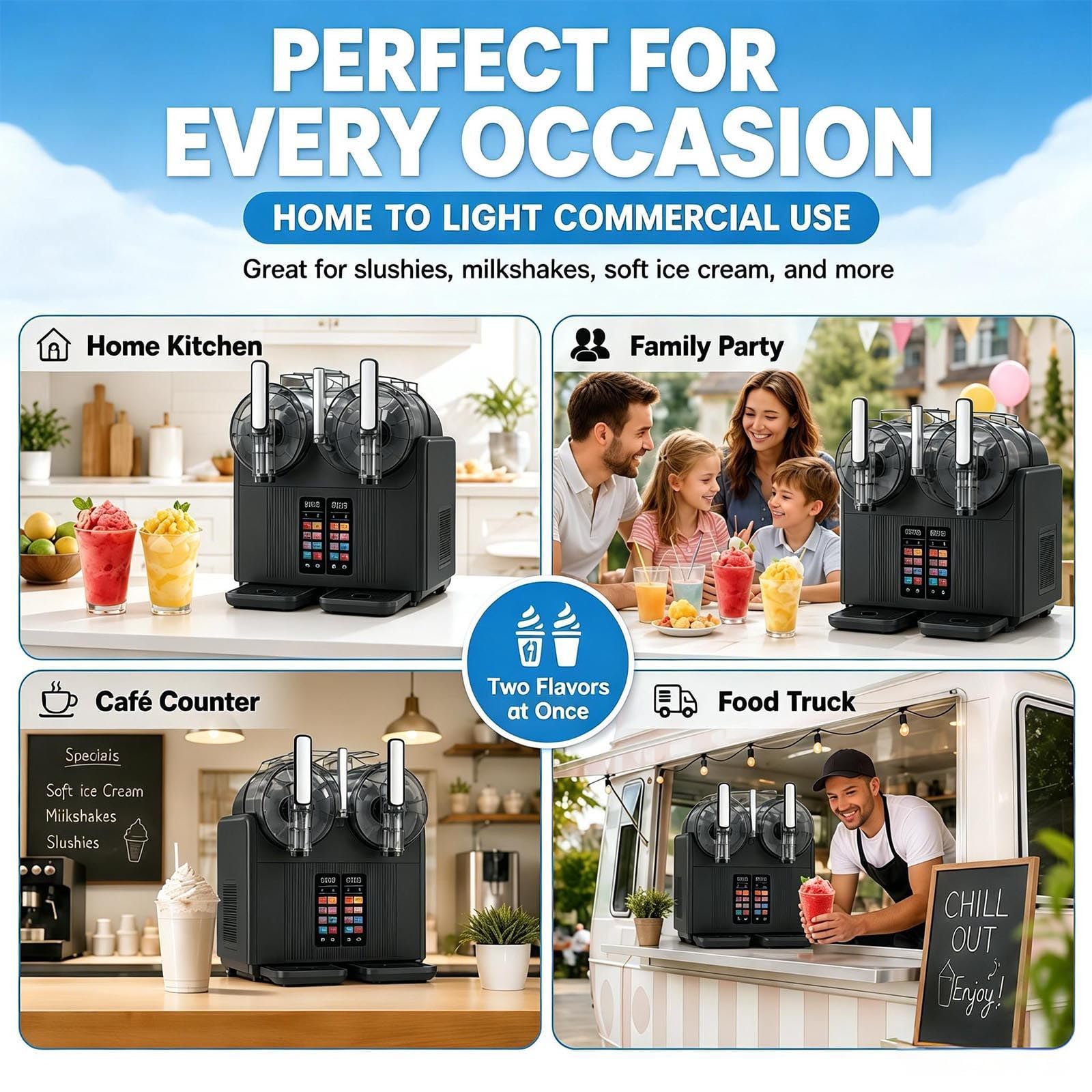 Máquina de Granizados y Helado Soft, Doble Depósito 2×2 L, 380 W Black | 7 programmi e consistenza regolabile per granite, frappè e cocktail; pronta in 15–25 min per feste, bar e caffetterie