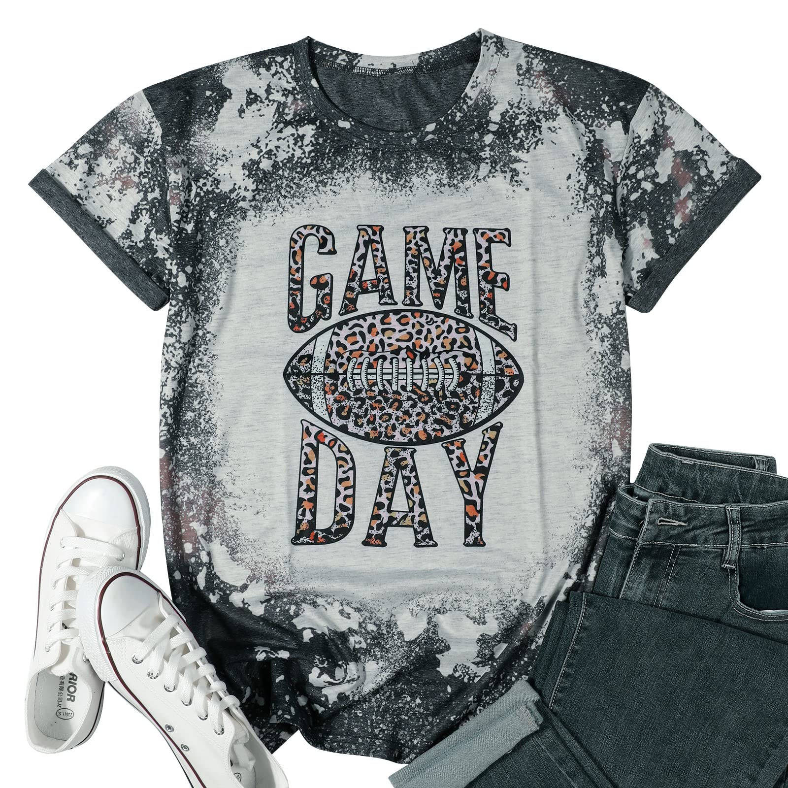 EGELEXY Game Day Shirt for Women Football Tops Leopard Graphic Tee Casual Short Sleeve Shirts Top