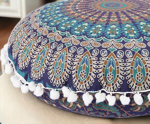 Miniatura 2 de Funda de almohada redonda de mandala azul hecha a mano, 100% algodón, comodidad elegante, versátil y duradera, solo funda de cojín (azul-2, 32