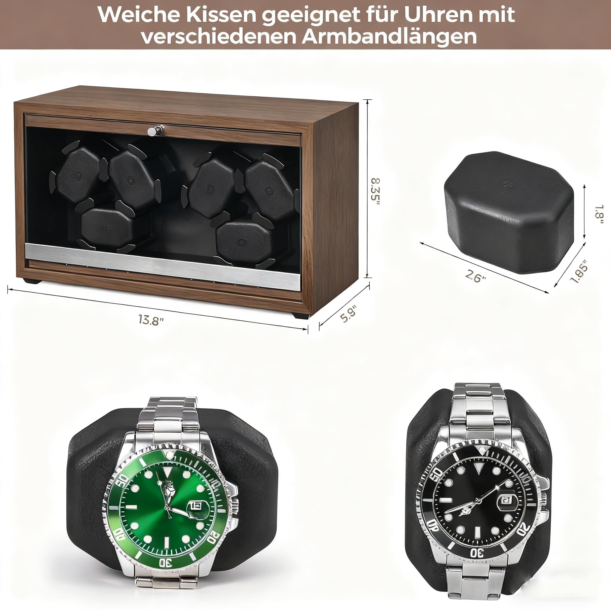 ANWBROAD Uhrenbeweger für 6 Uhren Spinner mit LED und Superleisen Mabuchi-Motor Automatik Uhrenbeweger 4 Rotationsmodi Uhrenschüttler Geschenk JWW003A