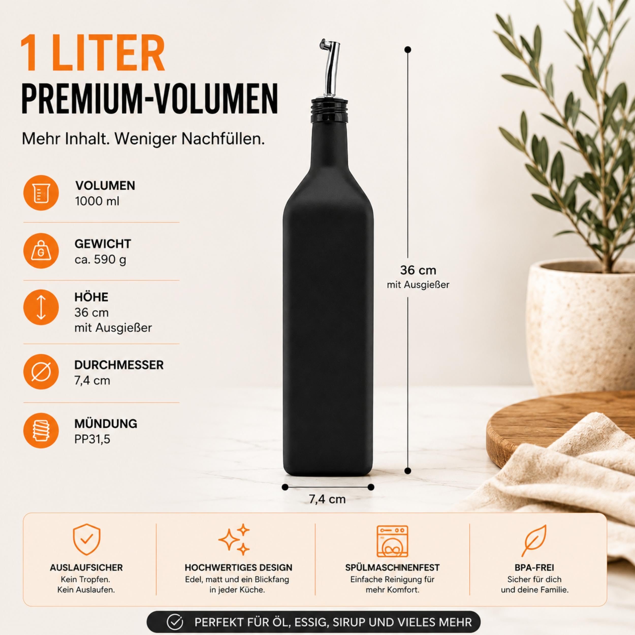 Ölflasche Glas 1L Schwarz Matt mit Edelstahl-Ausgießer, Trichter & Deckel (4x1 Liter)