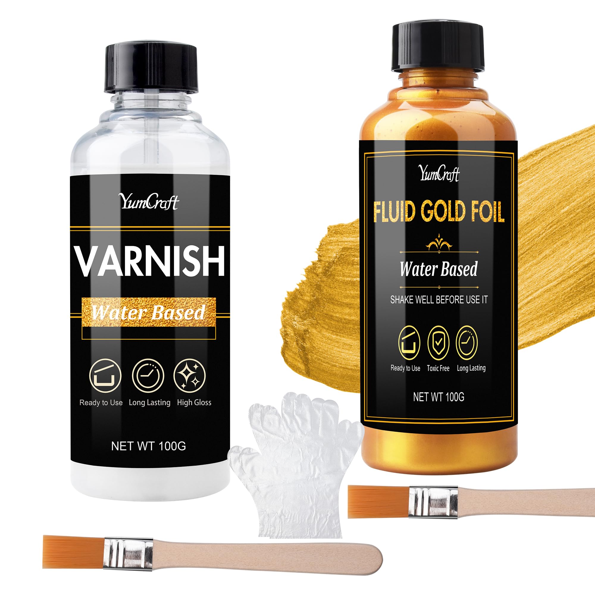 Liquid Gold Leaf Paint Kit, Water-Based Gold Leaf Paint 100ml and Gloss Varnish 100ml, Ultra Shiny Quick Dry Golds Plating Kit for Arts, Crafts, Painting, Furniture, Canvas, Wood, Clay, Fabric