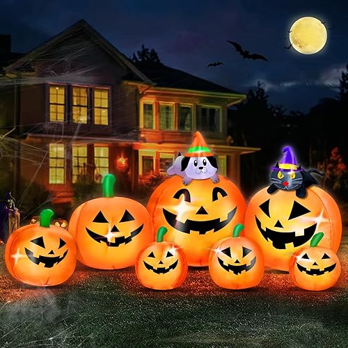 Decoraciones inflables de calabaza de Halloween al aire libre – 7 calabazas con bruja gato y perro con LED integrados inflables inflables para
