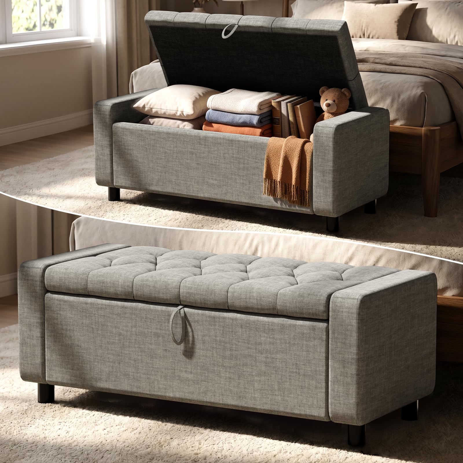 Large Linen Tufted Storage Ottoman with Handles