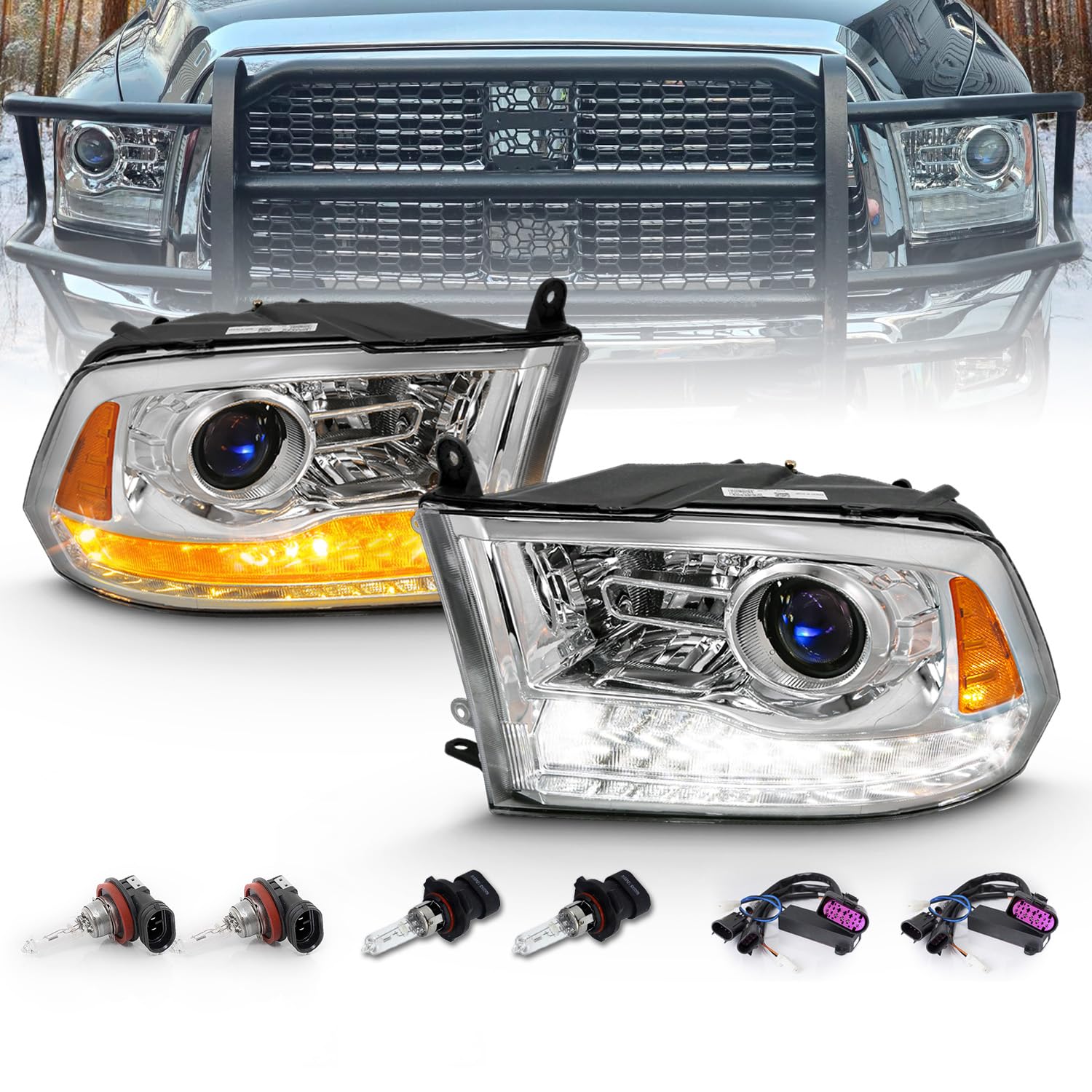 AmeriLite for 2009-2018 Dodge Ram 1500 2500 3500 Truck Dual/Quad Projector Models Switchback LED Tube Chrome Replacement Projector Headlight Set - Passenger and Driver Side