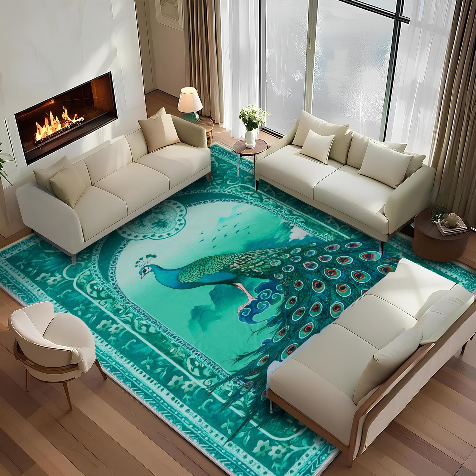 FLYRUGGO 5x7 Peacock Area Rugs for Bedroom, Modern Cute Animal Washable Indoor Rug for Living Room, Soft Large Non-Slip Carpet Floor Mat for Kids