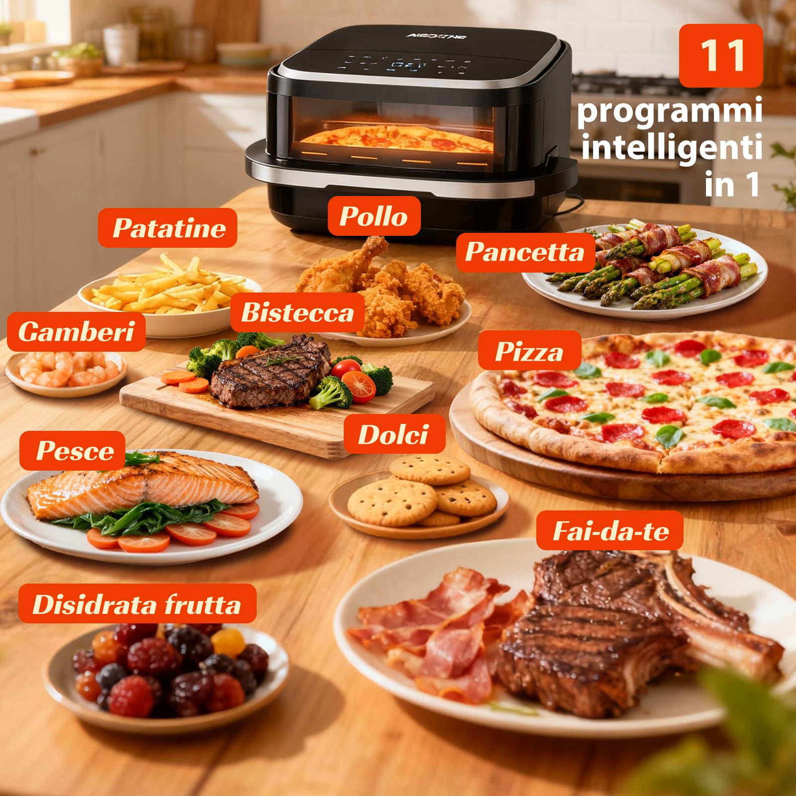 Aigostar Friggitrice ad Aria XXL 745cm² Surface, 2200W Silenzioso Extra-Crisp Technologie + Doppia Resistenza, 11 Programmi (Pizza Surgelata), Touchscreen, Finestra Illuminata, Interno Metallico, Nero