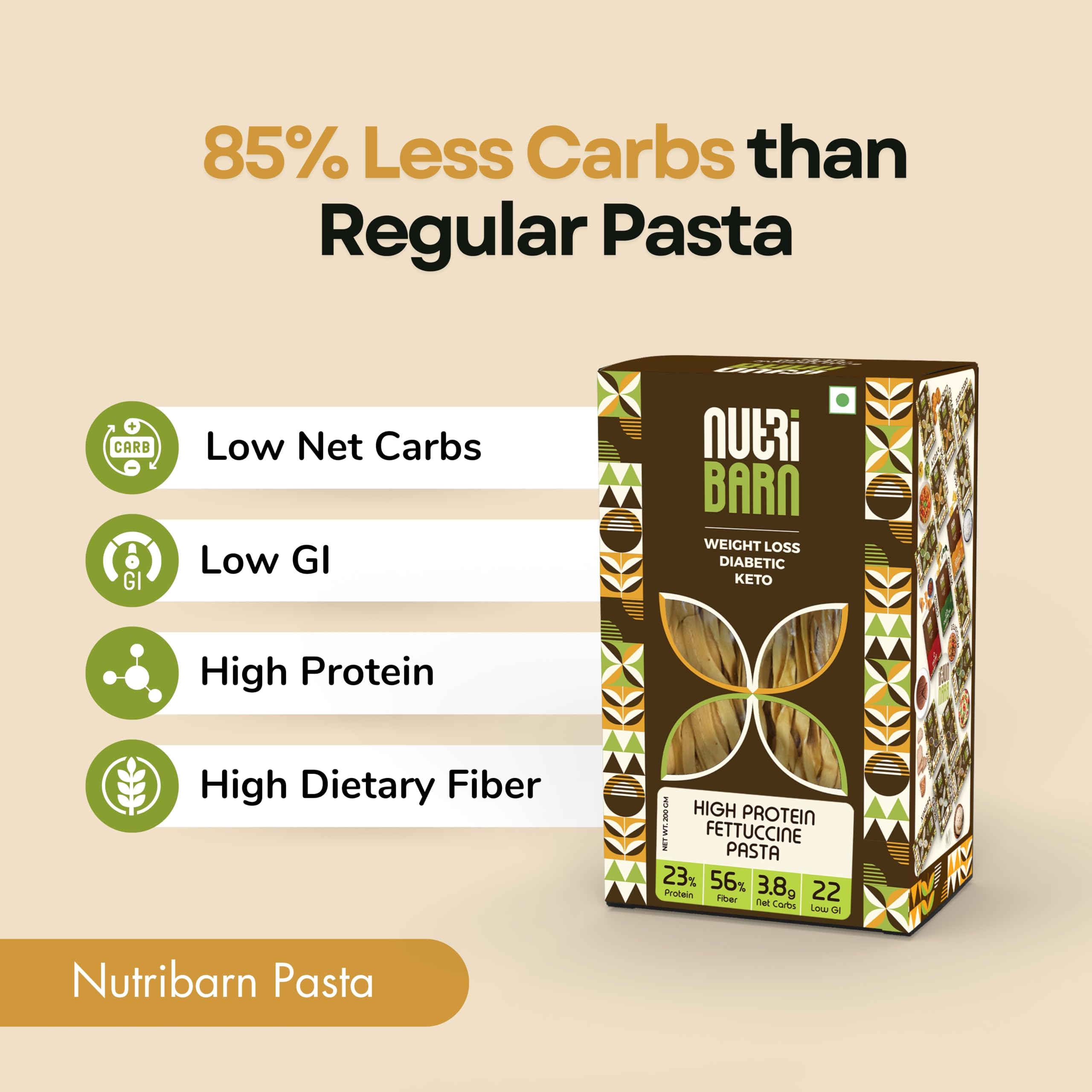 Nutribarn High Protein Low Carb Fettuccine Pasta 100 Gms | 23% Protein | 3.8g Net Carbs | Lab Tested Low GI 22 | Diabetic Friendly, Weight Management Flat Noodles | 100g (1 Pack) 1