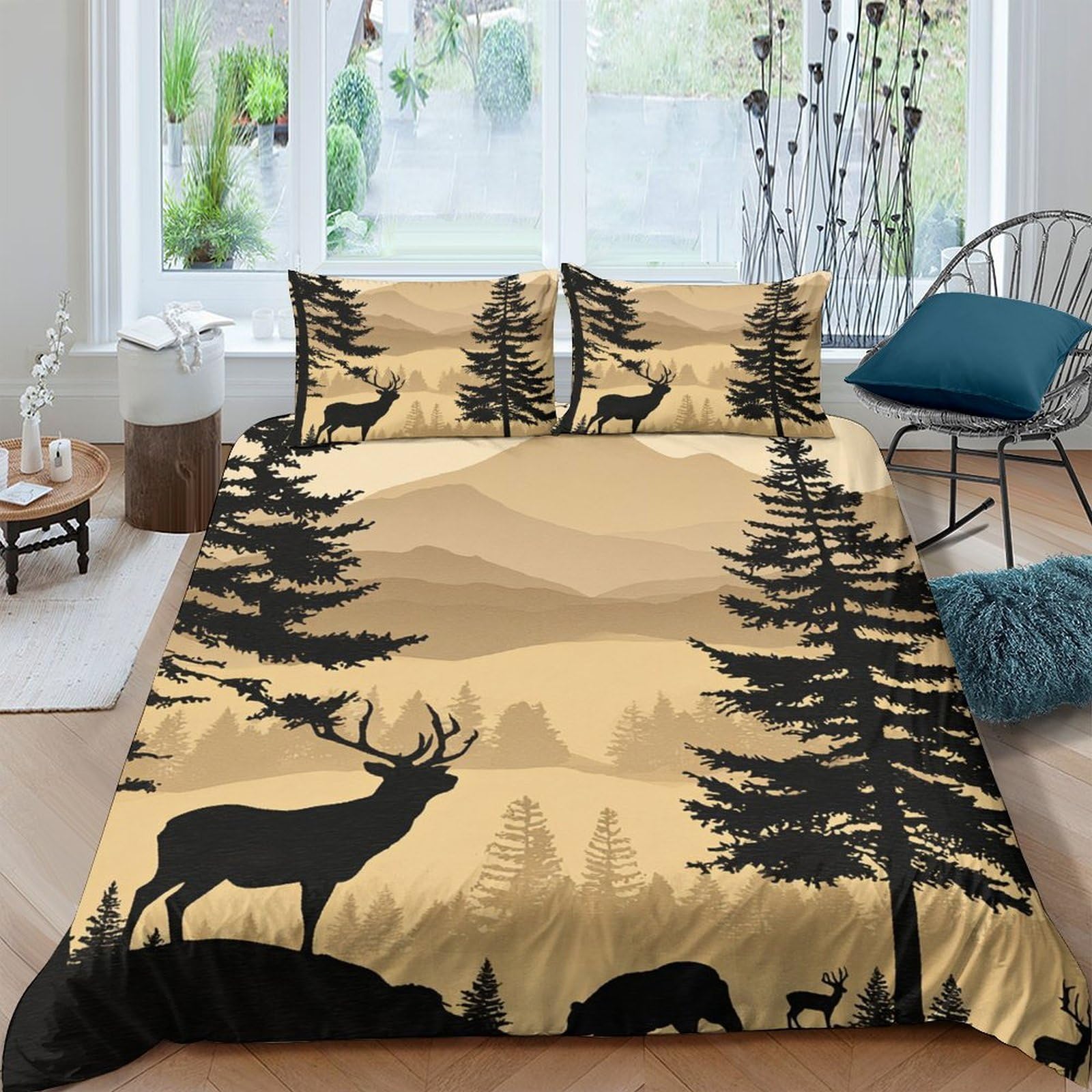 Ctjqhvkz Style-4 3D Printed Forest Deer Fitted Sheet Microfiber Soft Breathable Mountain Silhouette Bed Cover For Bedroom Dorm Decor Single（135X200cm）