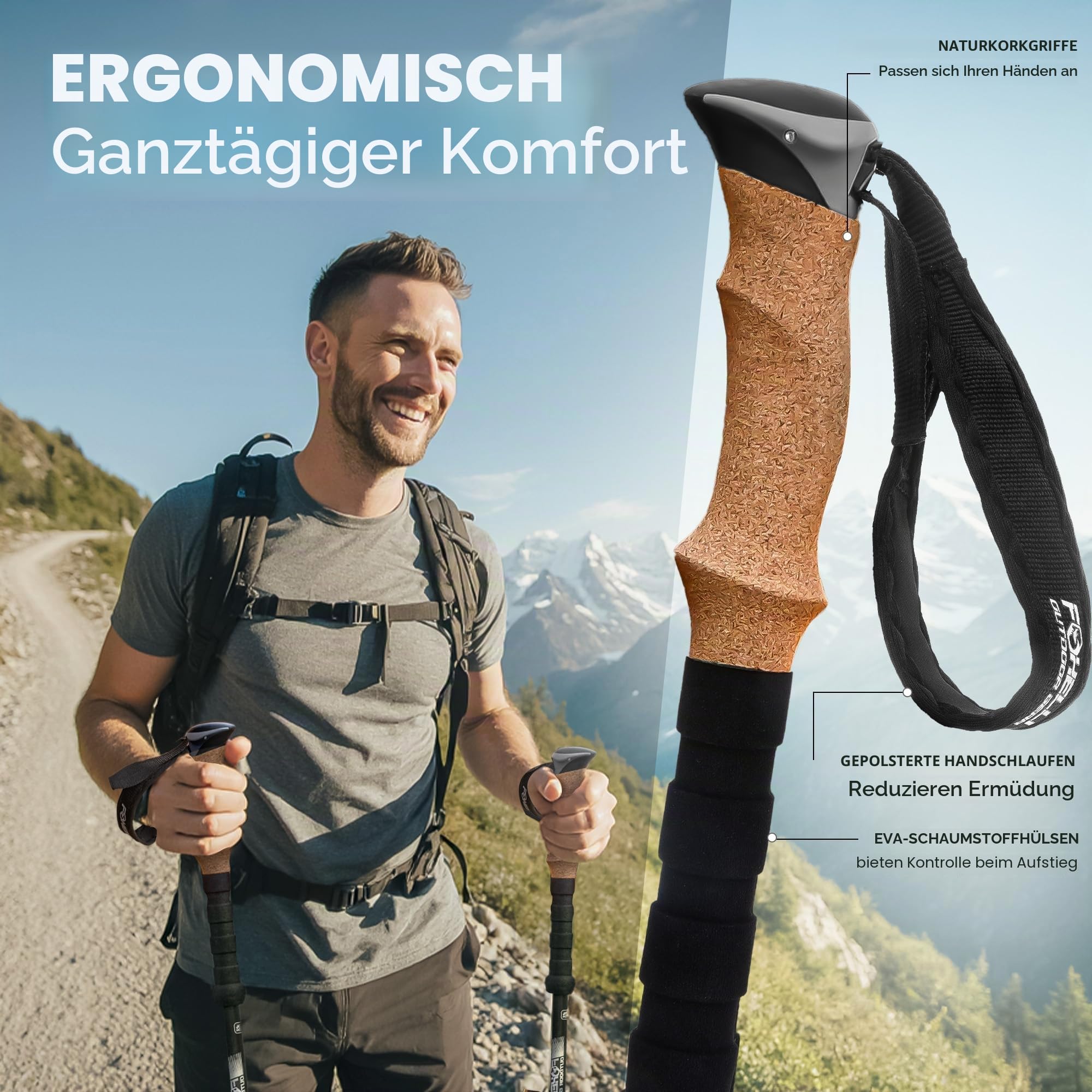 Foxelli Carbon Wanderstöcke – Faltbare leichte stoßdämpfende Stöcke zum Wandern, Trekking, Hiking und Laufen mit Naturkorkgriffen, Flip Locks, 4-Jahreszeiten-/All-Terrain-Zubehör und Tragetasche