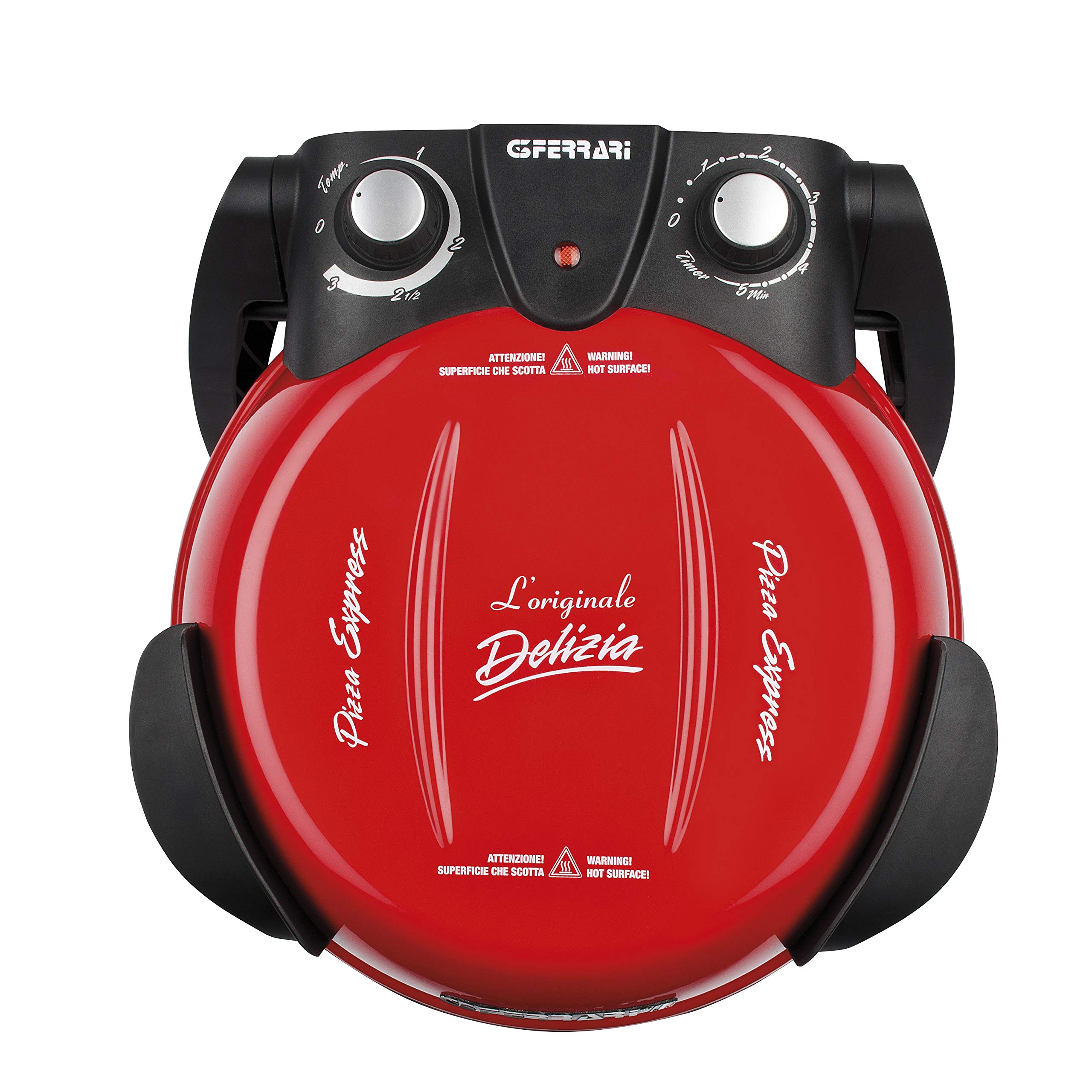G3 Ferrari G10006 Delizia, Four à Pizza 1200 W, Thermostat Réglable jusqu’à 400°C, Cuit Une Pizza Savoureuse en 5 Min, Double Résistance, Livre de Recettes et Spatules Inclus, Rouge