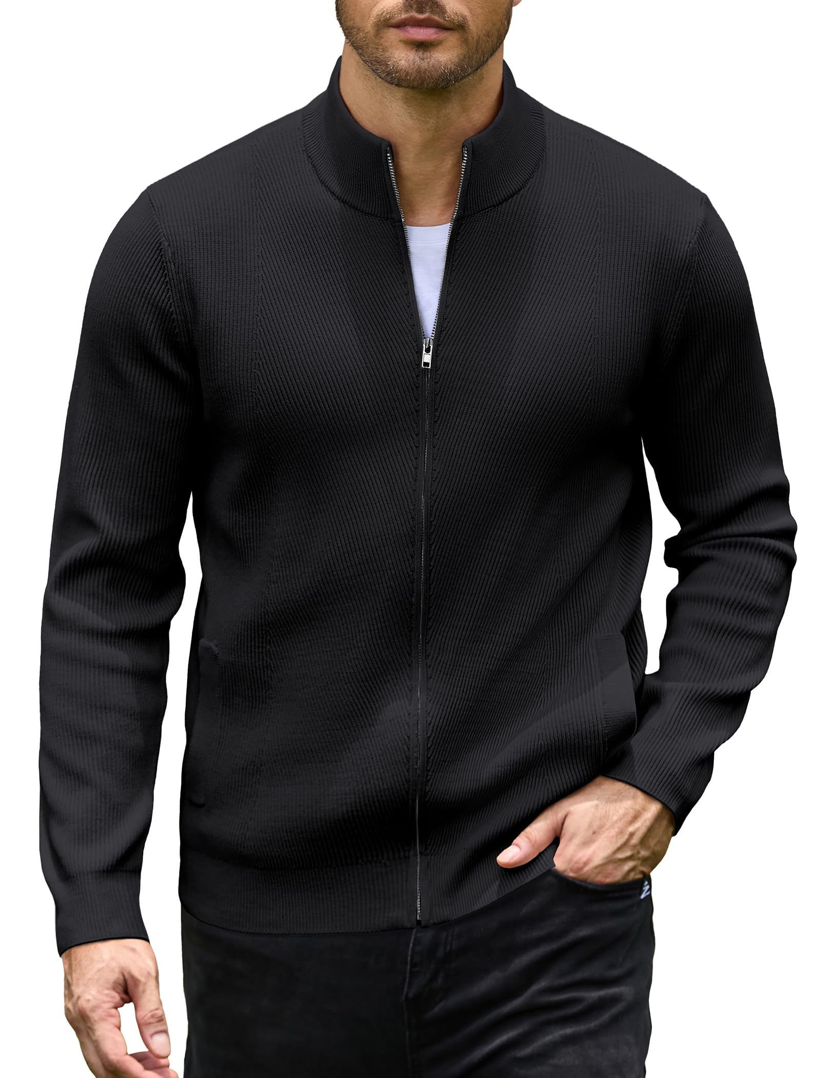 COOFANDY Mens Zip up Sweater Casual Knitted Cardigan Sweater Stand Collar | Textured Knitted, Two Deep Slanted Pockets, 2026 Fall Fashion, Soft Warm Sweater, Business Work Dress Long Sleeve Sweaters