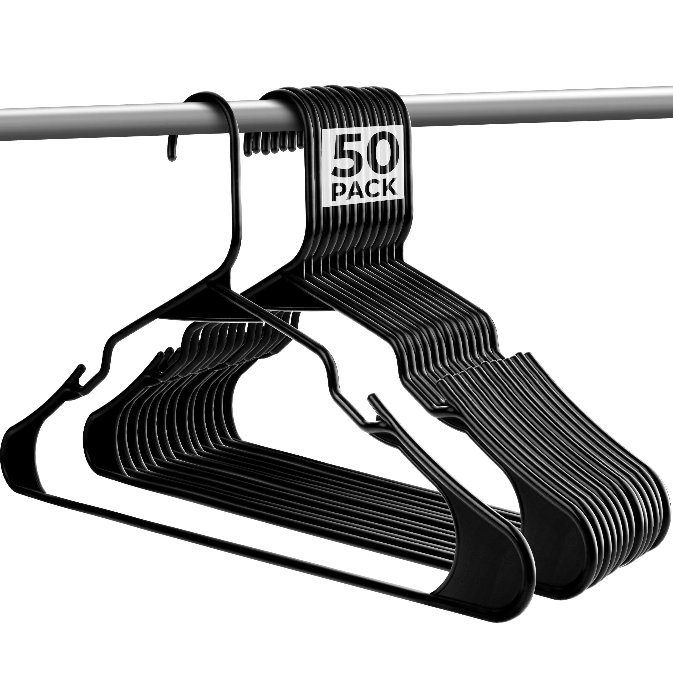 Nyxi 50 X Adult Plastic Clothes Hangers 40cm Heavy Duty Coat Hangers with Trouser Bar and Notches, Strong Wardrobe Hangers for Clothes Storage, Black