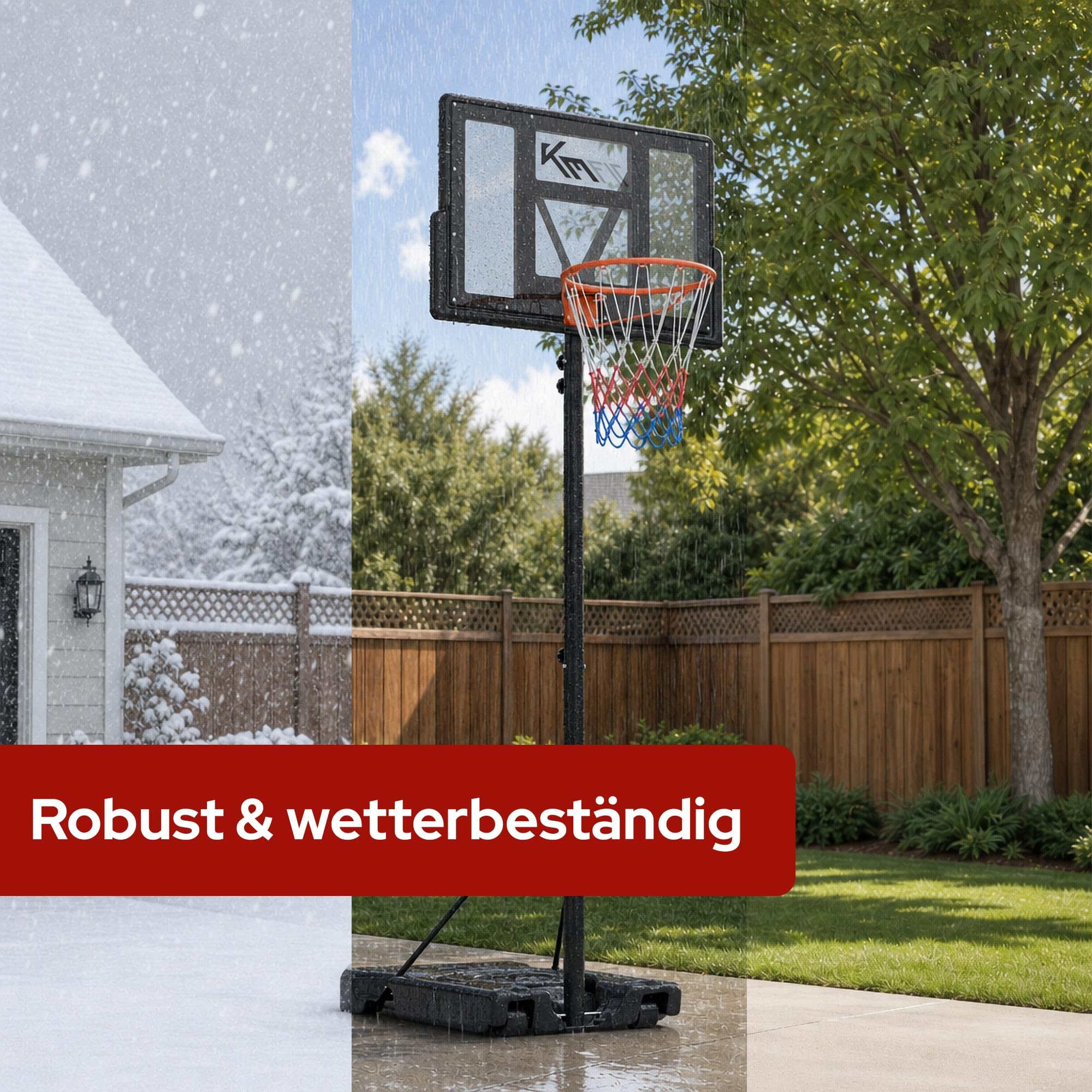 KM-Fit Basketballkorb Outdoor höhenverstellbar 135–305 cm | Mobiler Basketballständer mit Federkorb, Rollen & Backboard | Basketballanlage für Kinder, Jugendliche & Erwachsene | inkl. 2 Netze