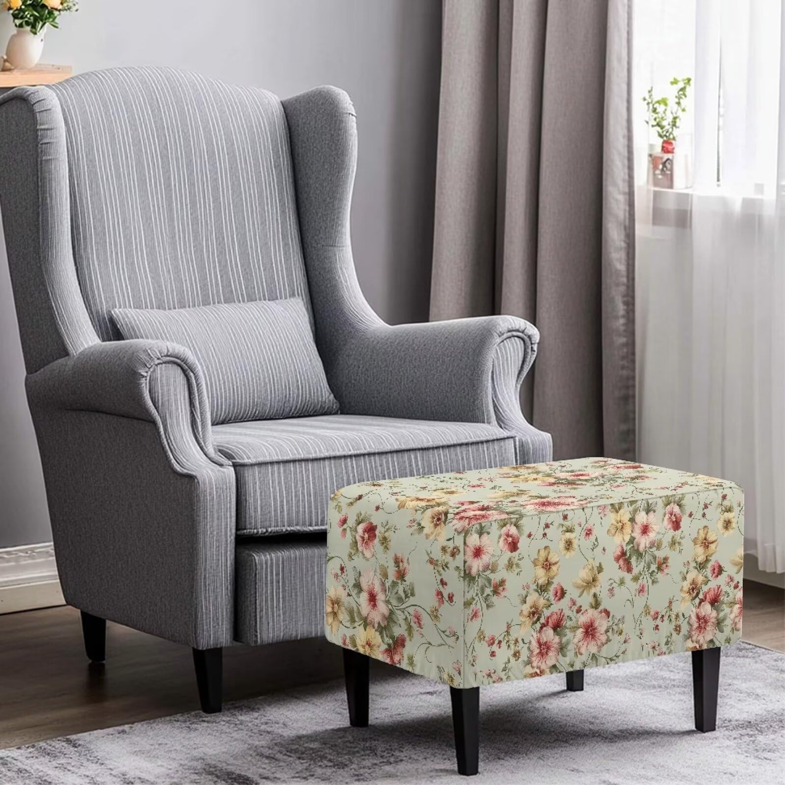 ZDCUSTOM Rectangle Ottoman Slipcover for Home Decoration Vintage Flowers Printed Footstool Cover with Elastic Bottom Easy to Install Footrest Stool Protector Cover