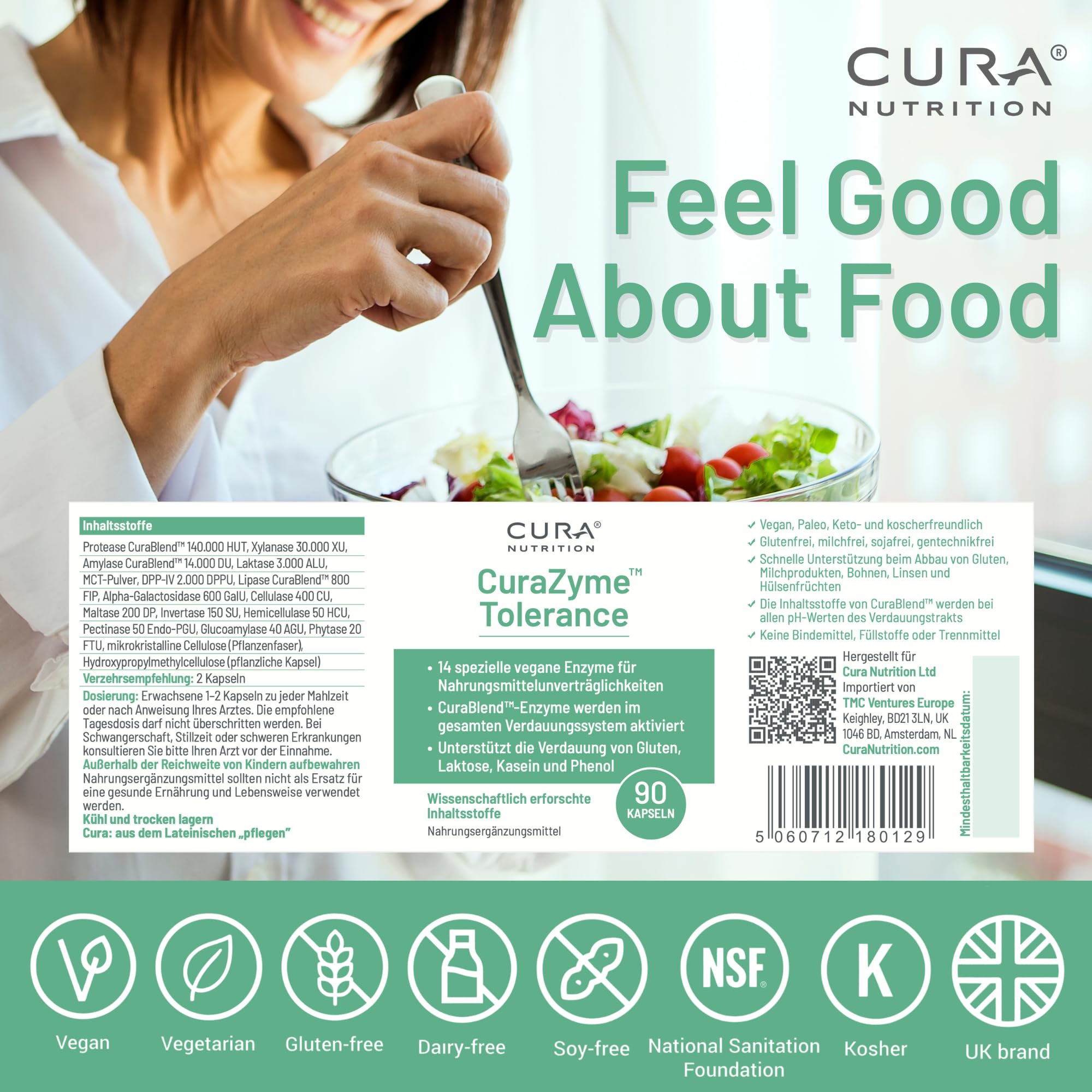 CURAZYME TOLERANCE (90 Kapseln) Enzymkomplex bei Lebensmittelunverträglichkeiten, Unterstützung der Verdauung von Gluten, Laktose, Hülsenfrüchten, Vegan