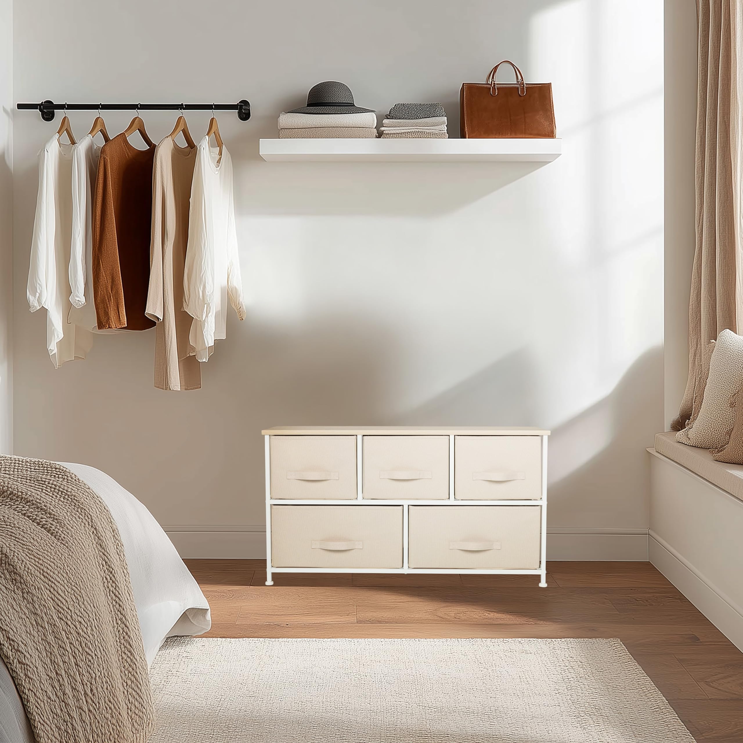 Kommode mit 5 Stoffschubladen, 100x30x55 cm, Beige | Schubladenkommode Organizer, höhenverstellbare Fußgleiter, Metall-Gestell