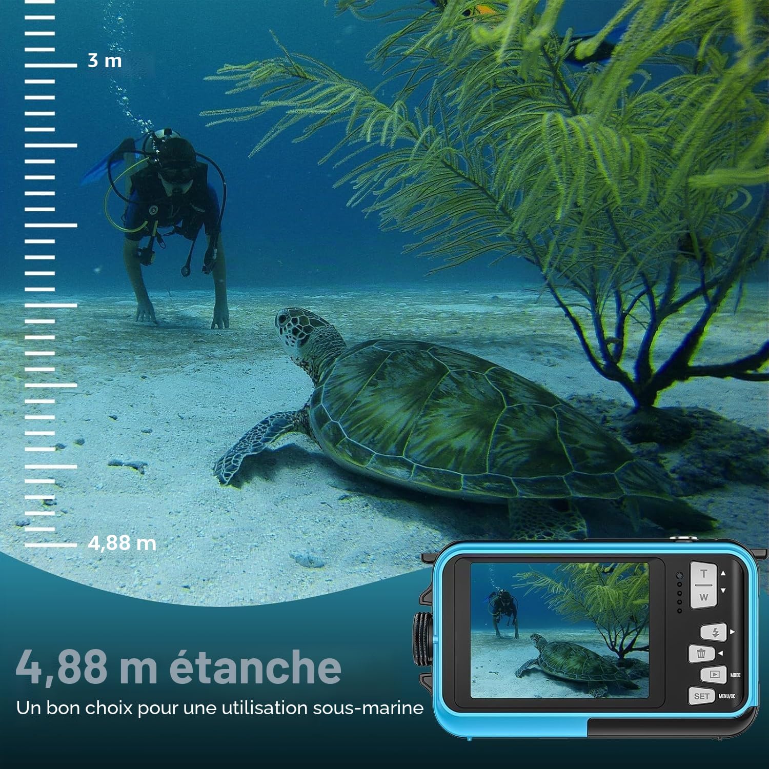 Appareil photo sous-marin 2,7 K - Étanche - Mise au point automatique 56 MP - Avec carte de 32 Go