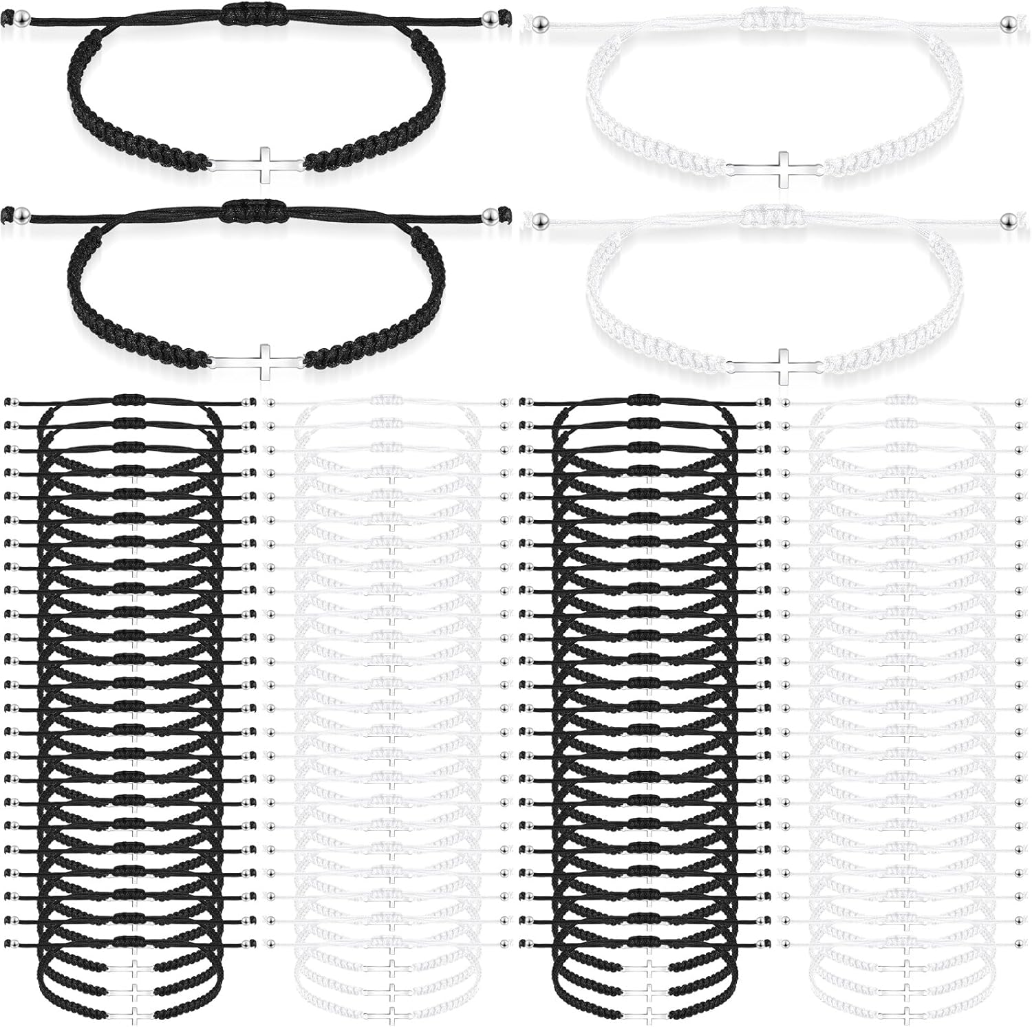 Sasylvia 100 Pcs Matching Cross Bracelets Bulk Adjustable Bracelets for Men Women Christian Bracelet Strand Cross Charm Braided Bracelet for Baptisms Church Funerals Friendship Gifts Black, White