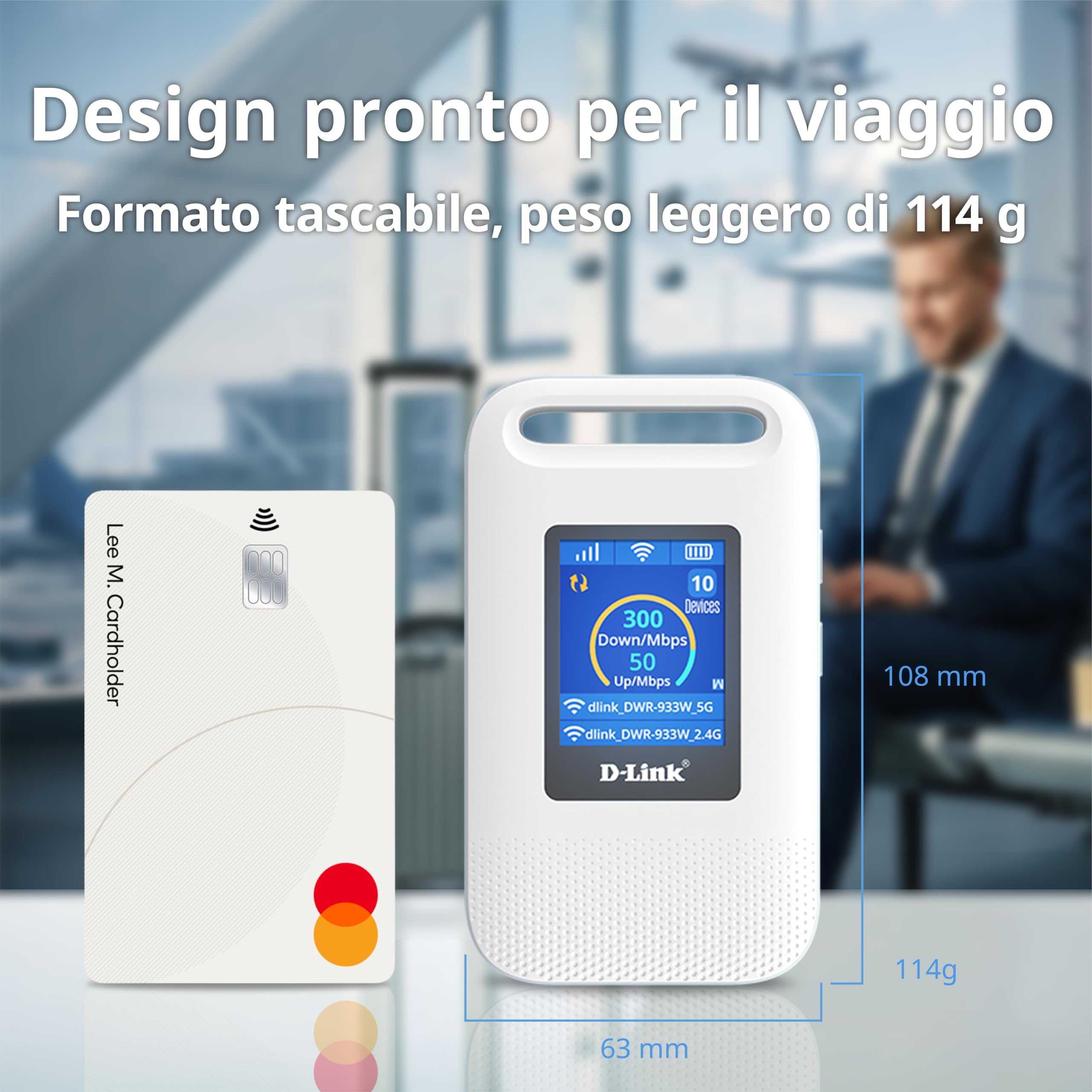 D-Link DWR-933W Hotspot Mobile 4G LTE+ AX600 Wi-Fi 6, Router SIM Portatile con Display LCD, Wi-Fi Dual Band, Fino a 64 Dispositivi, Batteria da 3000 mAh, USB-C