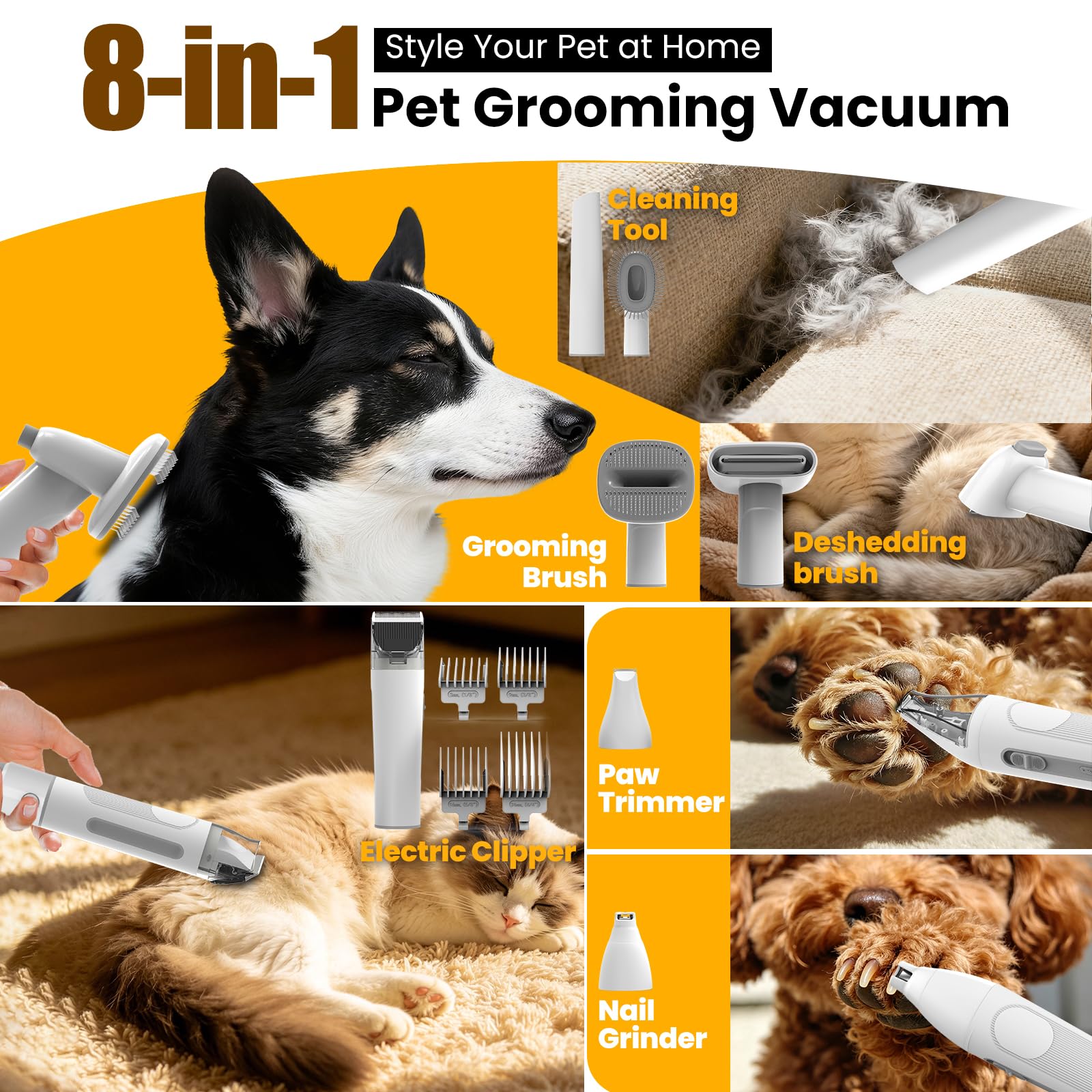 Dog Grooming Kit with Vacuum, 12000Pa Pet Electric Clipper & Nail Grinder view 3