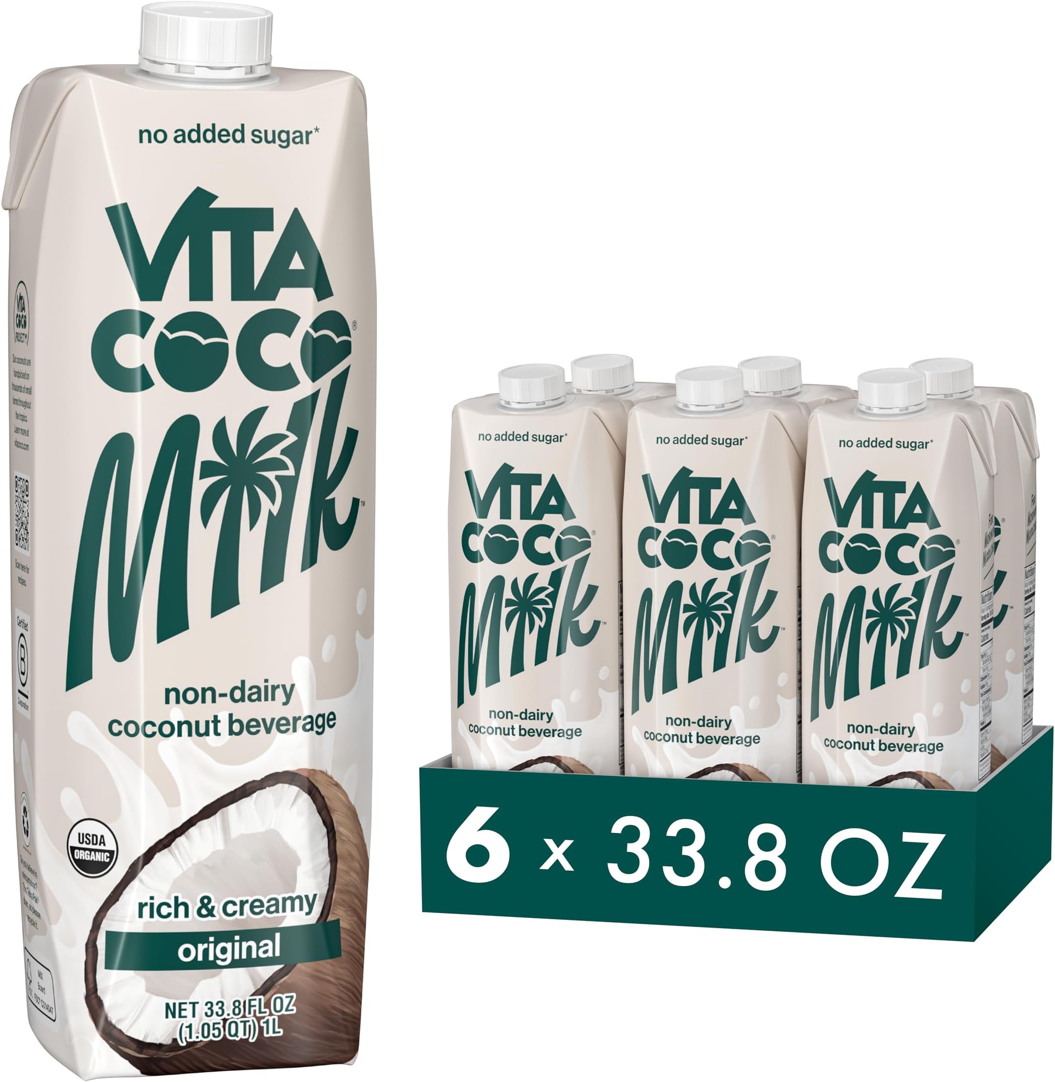 Vita Coco USDA Organic Coconut Milk, Plant Based, Dairy Free Milk Alternative - Gluten Free, Soy Free, Seed Oil Free, Unsweetened - Perfect Add to Cereal, Oatmeal, Smoothies - 33.8 Fl Oz (Pack of 6)