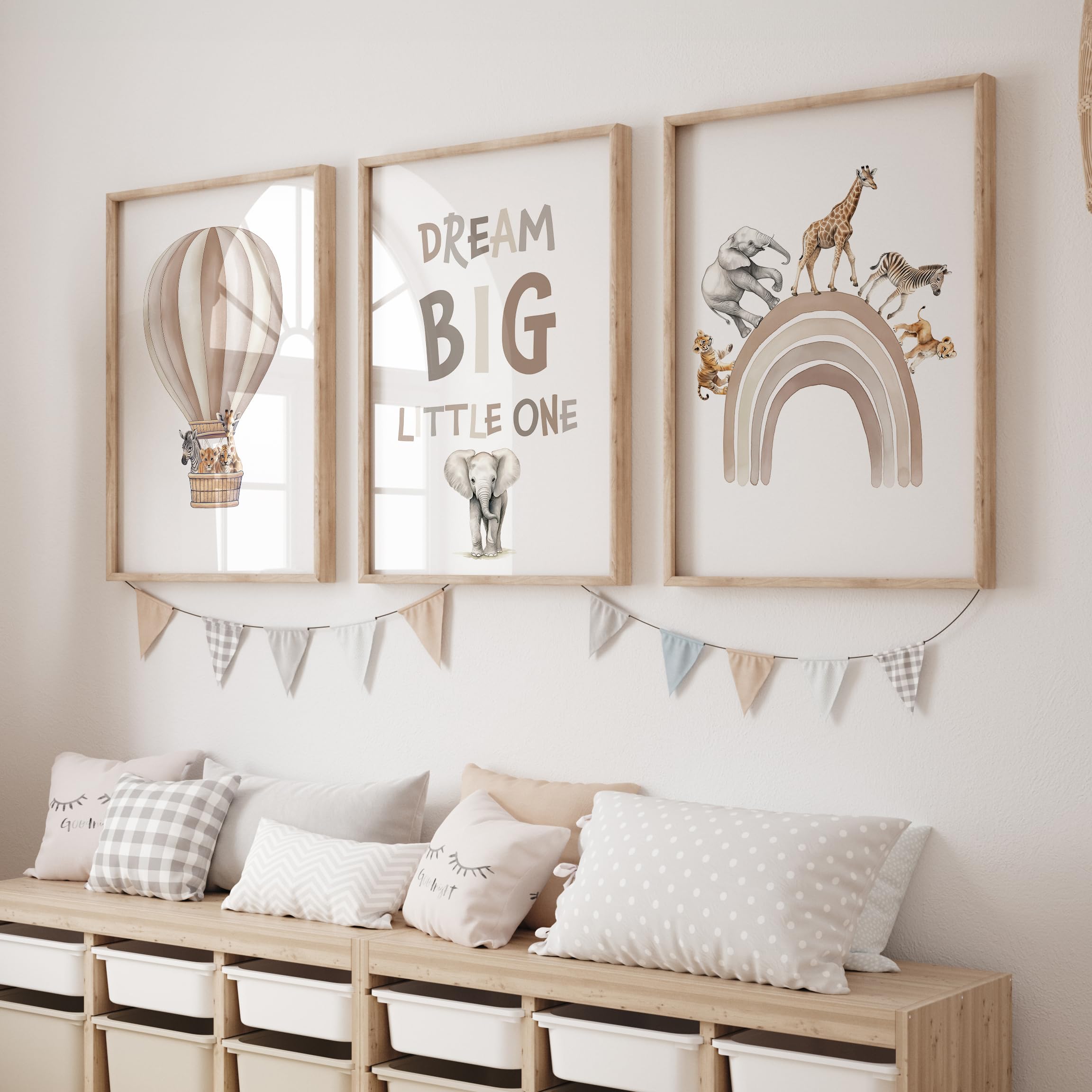 Rose Rowan Design Safari Animal Set of 3 Prints for Nursery, Rainbow Wall Art for Baby Bedroom, Nursery Decor, Hot Air Balloon, Dream Big Little One - Beige, A4