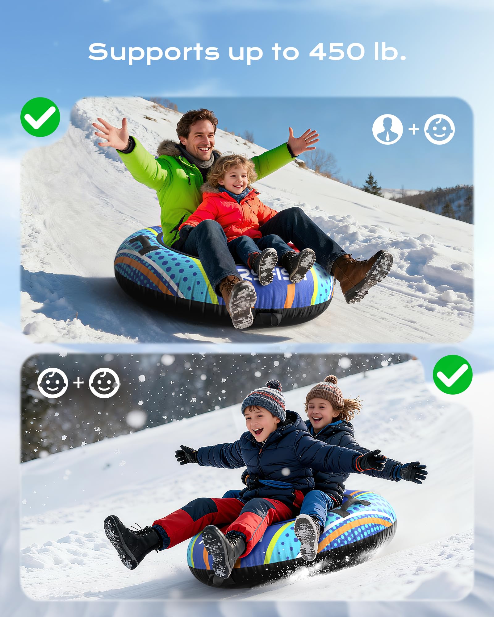 Nadmuchiwana rura snowtube ze smyczą, wytrzymała obudowa, odporny na zużycie i mróz materiał, węże do sportów zimowych dla dzieci i dorosłych