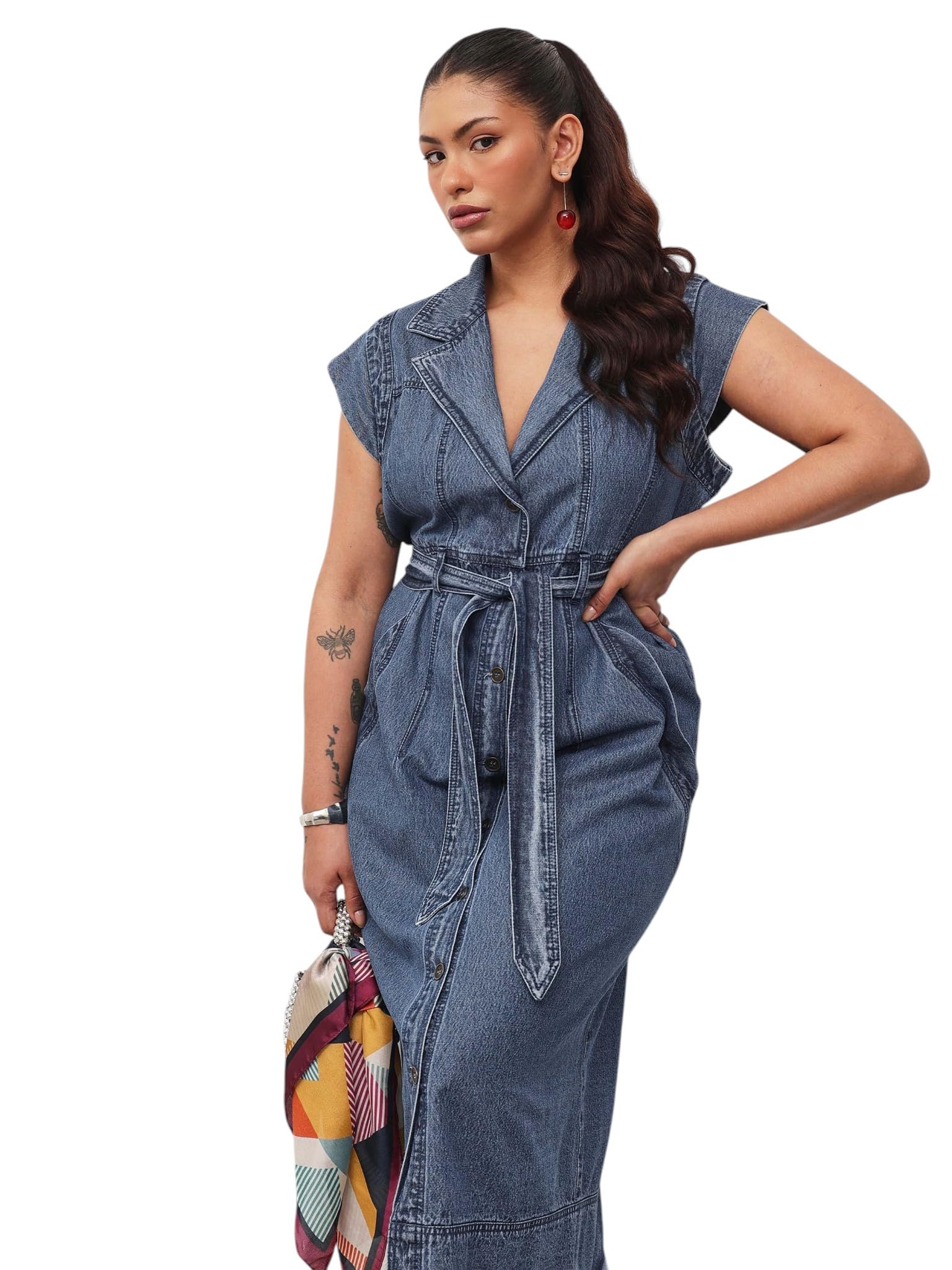 sassafras curve Women's Plus Size Blast Denim Notch Collar Button Down Midi Dress-picture-17