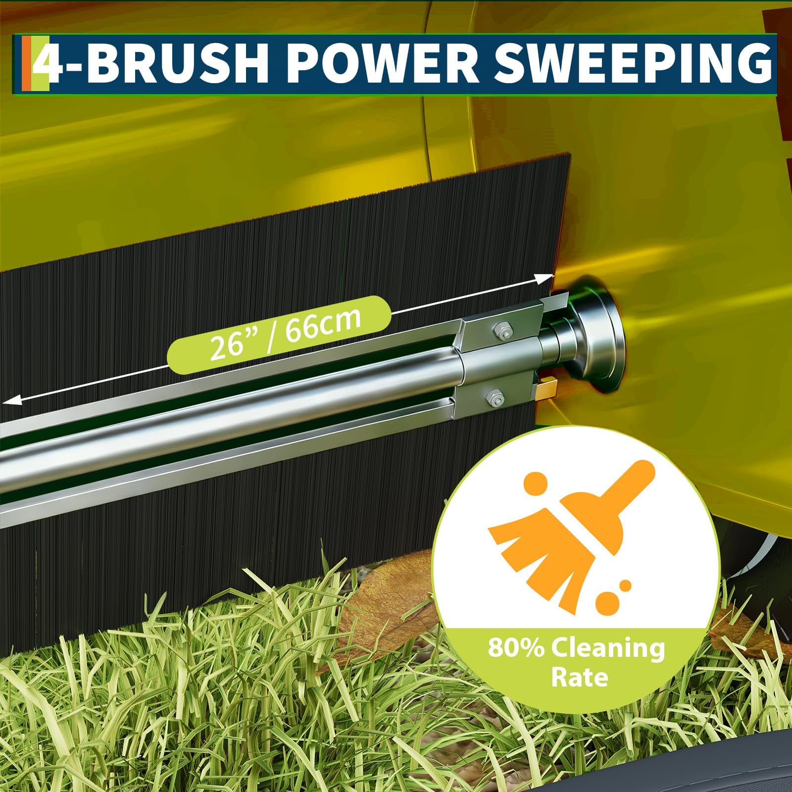 Spazzatrice portatile acciaio 26 pollici Sistema 4spazzole Contenitore raccolta 7piedi cubi Altezza regolabile silenziosa ecologica Efficiente raccoglitore foglie erba giardino cortile Giallo