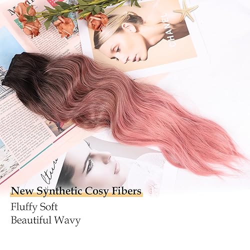 Miniatura 3 de Extensiones de cabello sintético ondulado con clip, de 20 pulgadas de grosor, extensiones de cabello rosa con clip de doble trama para mujer (20