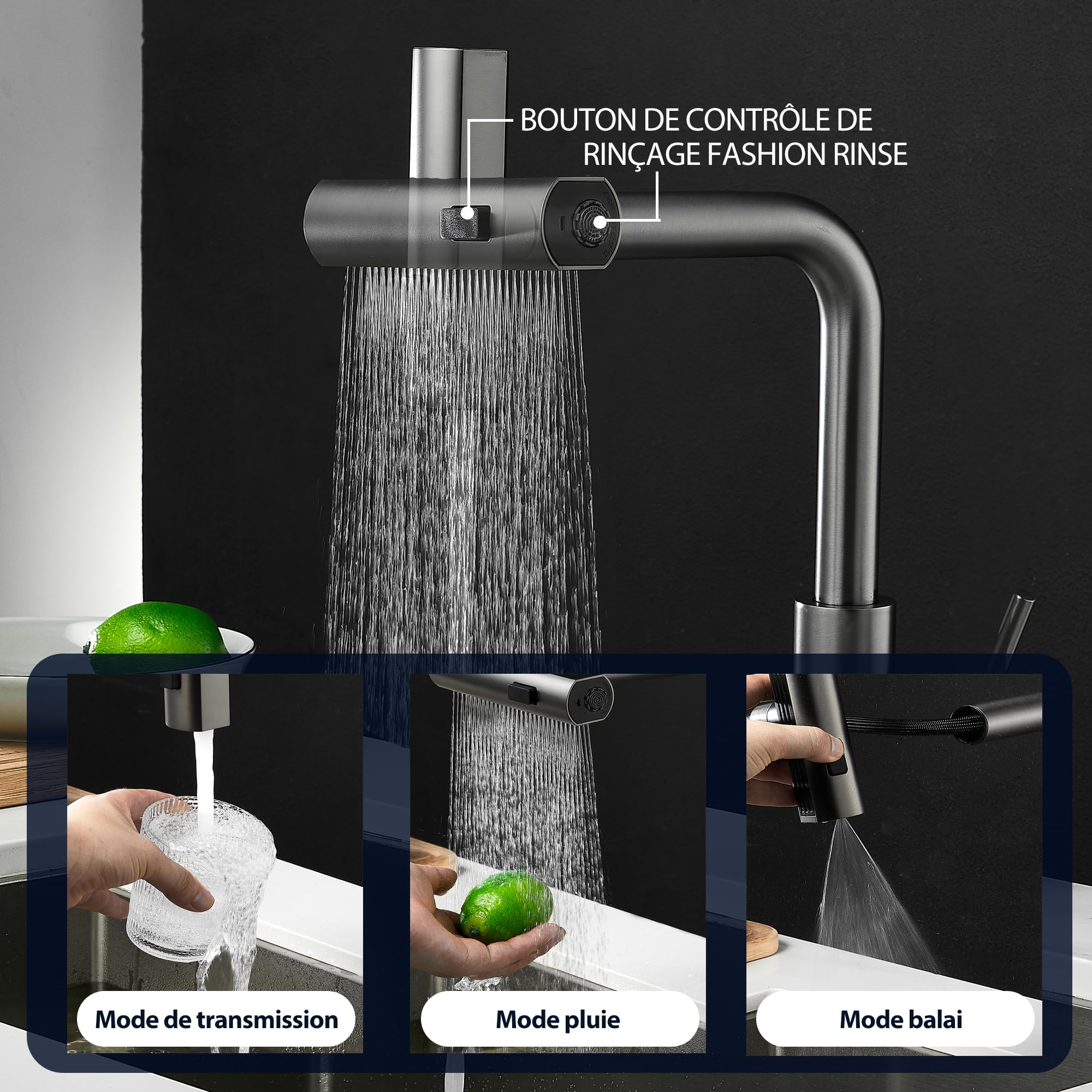 BELZ Miscelatore da cucina estraibile, girevole a 360°, rubinetto a cascata antispruzzo, in acciaio inox, caldo e freddo, cromato (Gunmetal)