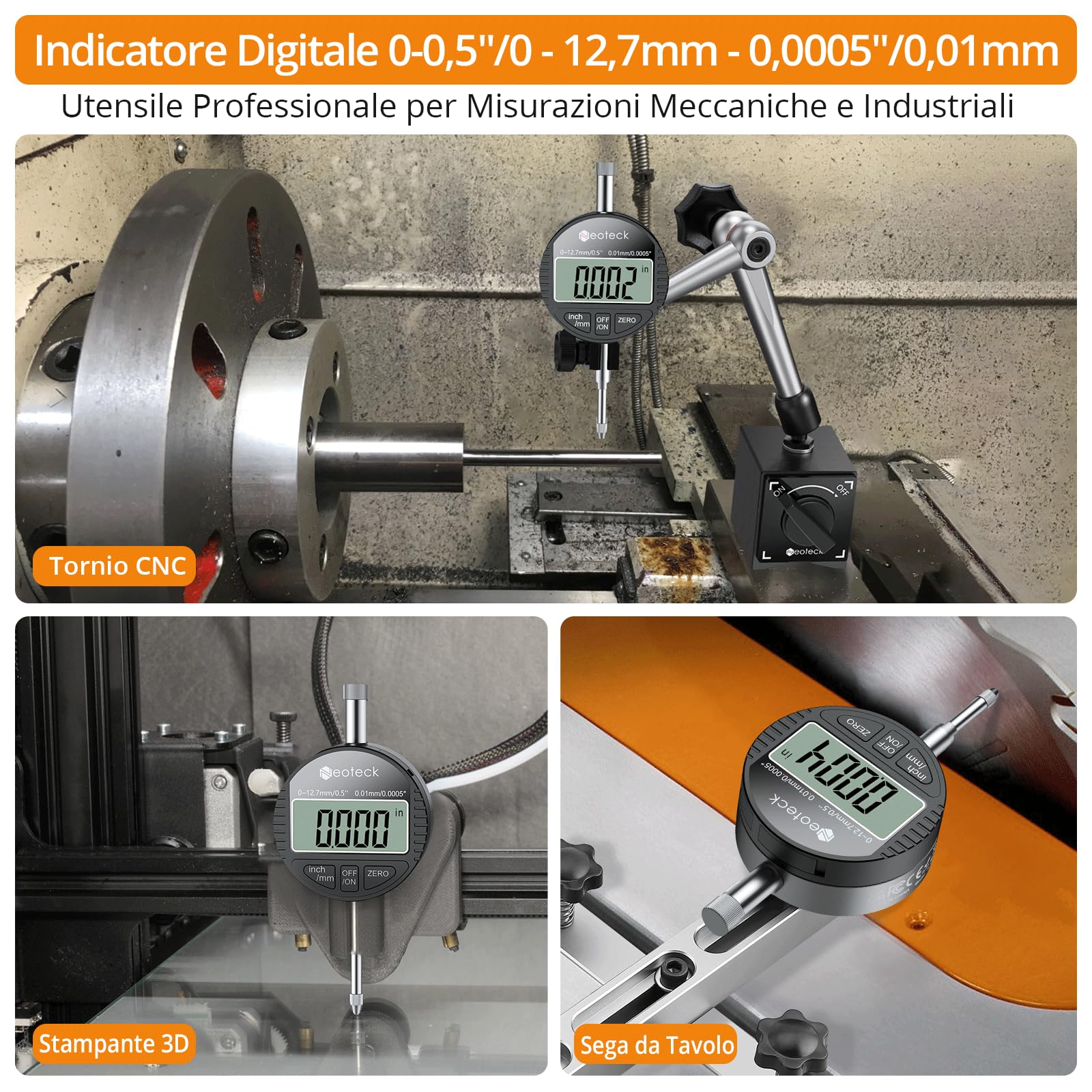 Neoteck Comparatore Centesimale Digitale 0.01mm Precisione con LCD Display Calibro Indicatore di Quadrante Professionale 0-12.7mm/0.5" Commutazione mm/inch per Meccanici Officina Laboratorio