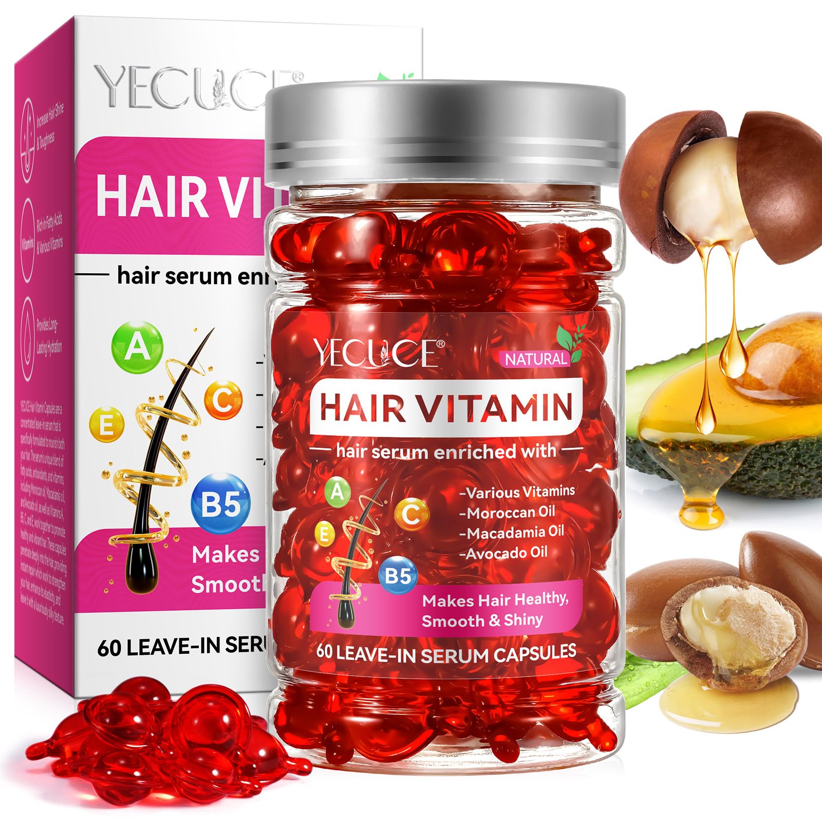 Valleylux60P Hair Vitamin Serum Capsule, Hair Vitamin Shine and Smooth 60pcs, Hair Treatment Serum Enriched Moroccan Macadamia Avocado Oils, Vitamin A C E Vitamin B5, for All Hair - Men & Women