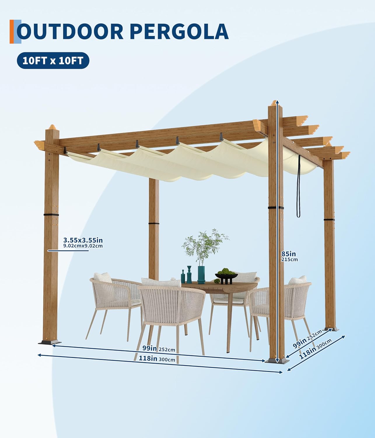 GarveeLife 10 x 10 ft Wood-Grain Aluminum Pergola Outdoor Pergola with Retractable Canopy Sun Shade Shelter for Garden, Patio, Backyard, Deck - Beige