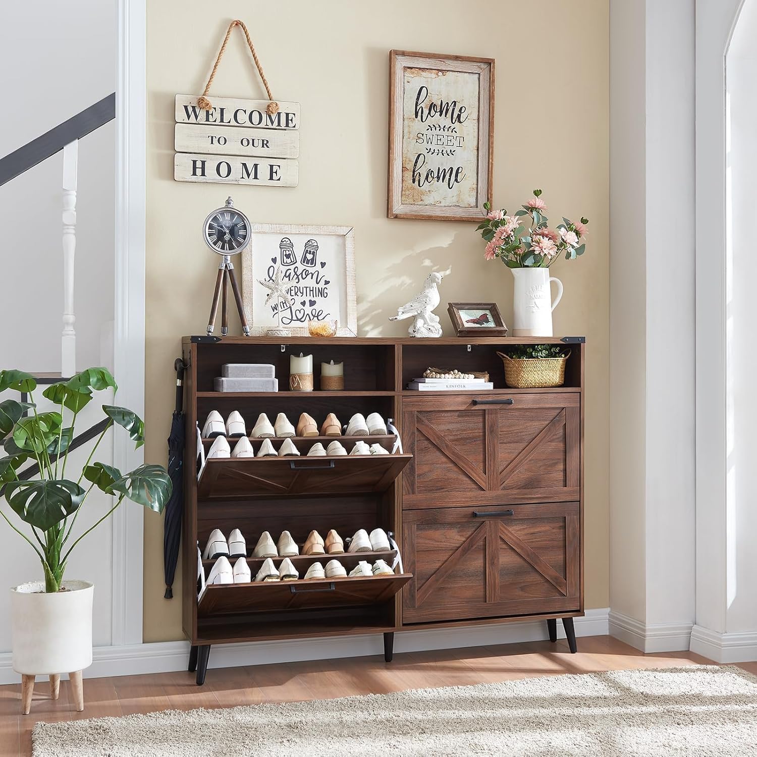 Product image of Shoe Storage Cabinet,Farmhouse Shoe Organizer with 4 Flip Drawers & Barn Door Design,Freestanding Hidden Slim Narrow Shoe Rack Cabinet with Open Shelves for Entryway,Foyer,Hallway,Walnut