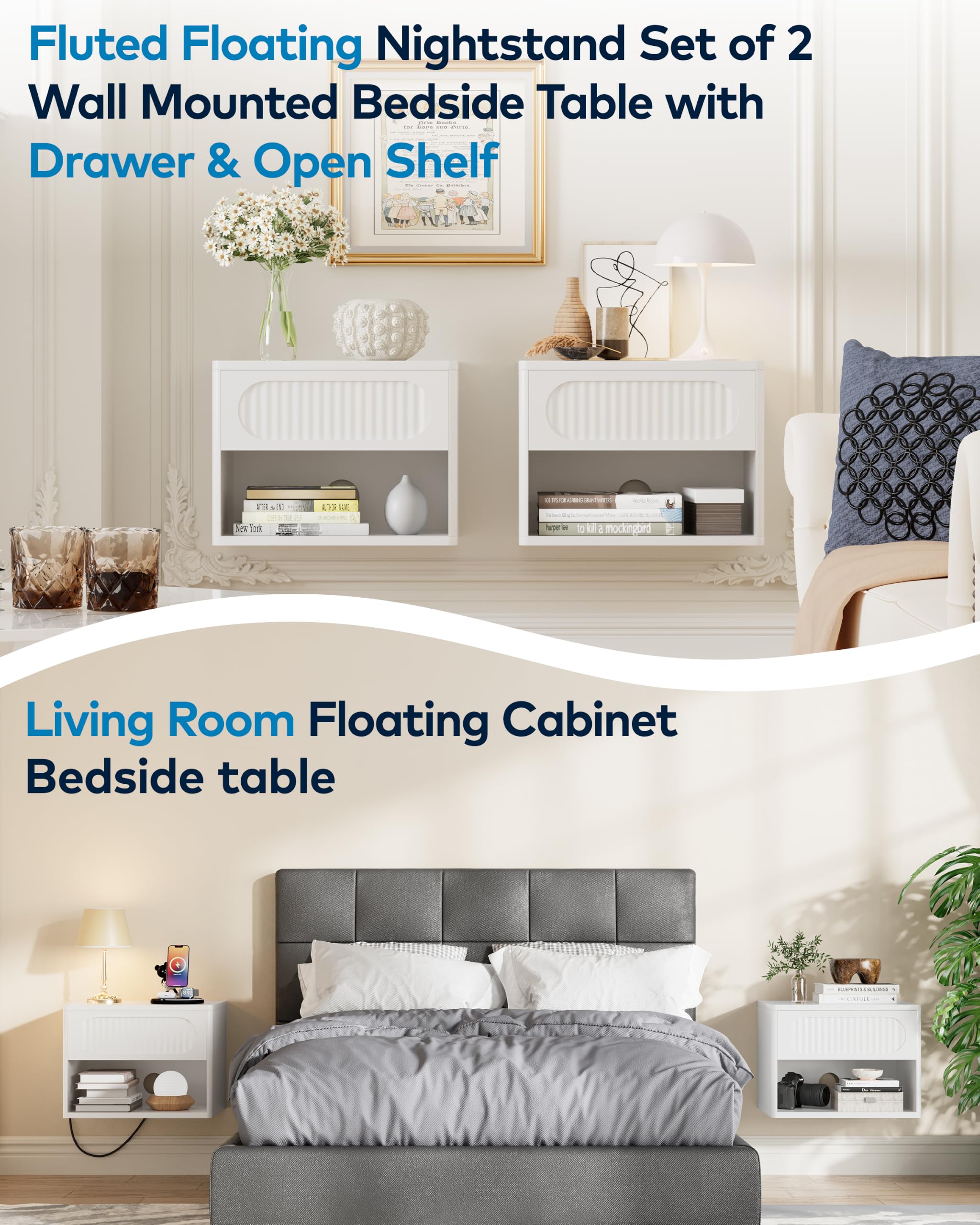 Nachttisch Hängend 2er Set, Nachtschrank Holz, Schwebendes Wandregal, Seitentisch Kleiner Moderner mit Schublade & Offener Raum für Schlafzimmer Wohnzimmer, Weiß