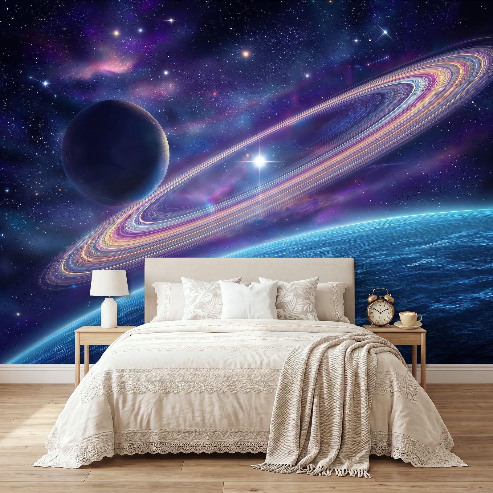Fototapeta Science fiction, gwiaździste niebo, planeta, 500 x 280 cm, niebiesko-fioletowa, wysokiej jakości, fototapeta, sztuka ścienna 3D, dekoracja do salonu, sypialni, tło sofy