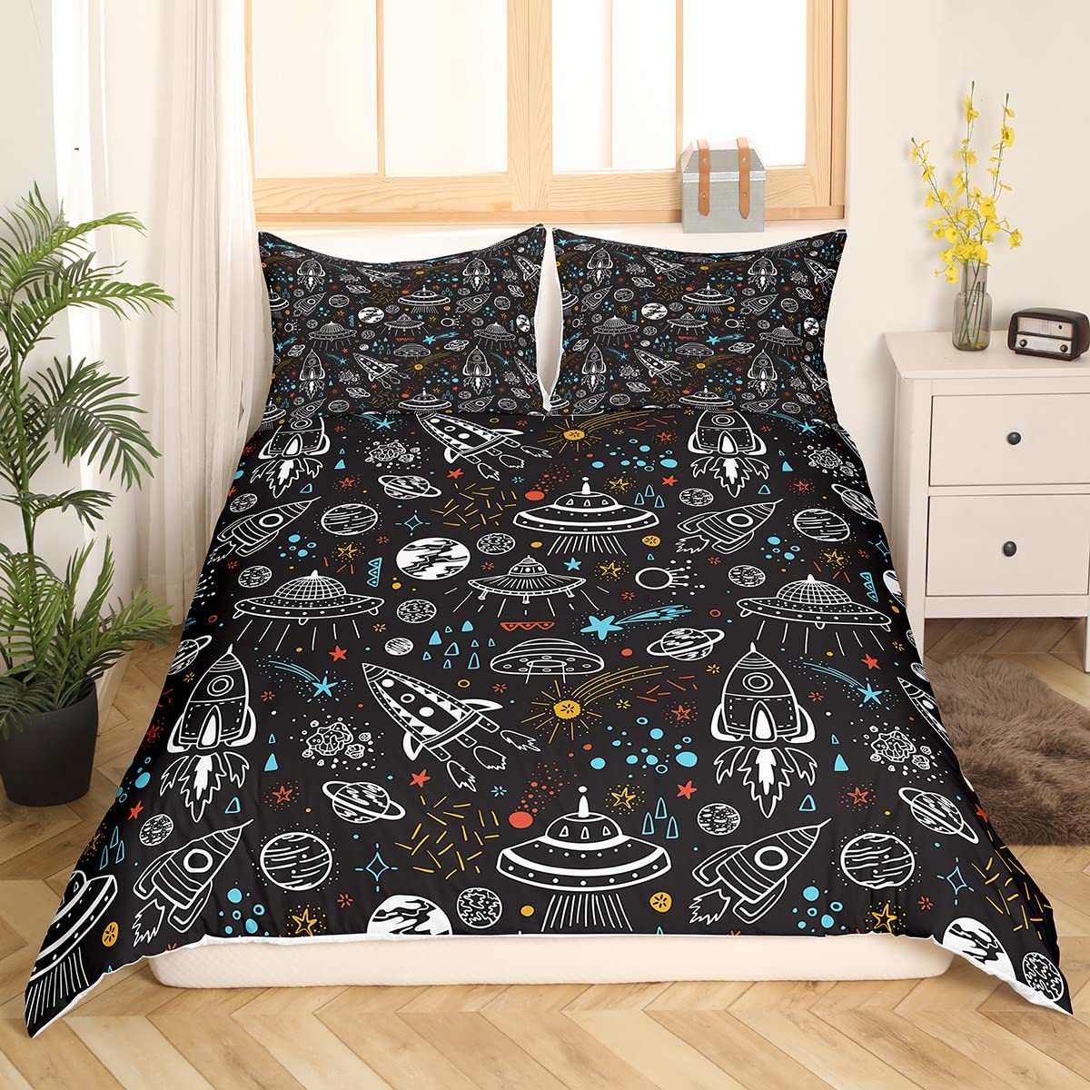 richhome Outer Space Bedding Set,Alien Spaceship Duvet Cover for Kids Teen Boys Girls,Colored Crayons Comforter Cover Decorative Room,Kids Rockets Quilt Cover with 2 Pillowcases,Super King Size โ image 1