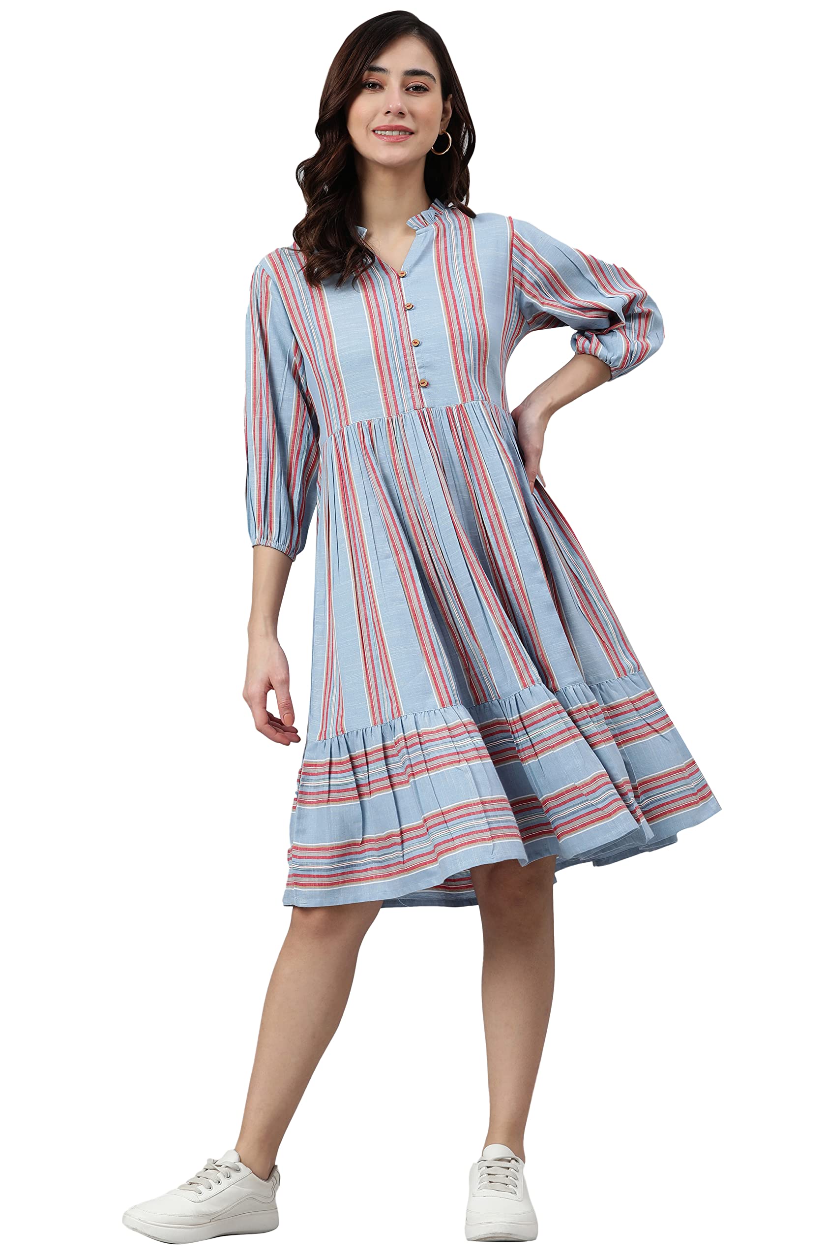 Women's Sky Blue Cotton Blend Western Dress-image-16