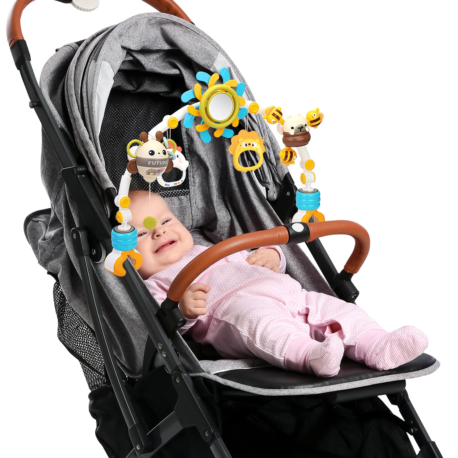 caterbee Barre de Jouets pour balançoire pour bébé, Arche d'activité de Voyage, Jouets pour Berceau pour Nourrissons et Tout-Petits. (Blue)